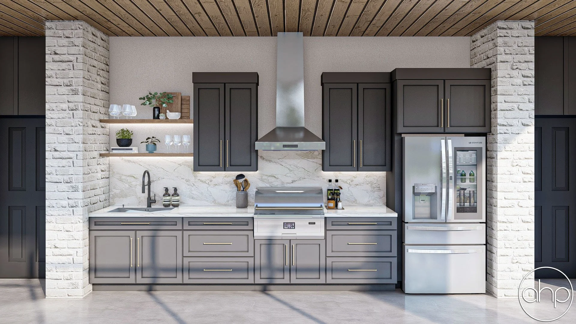 Modern kitchen with gray cabinetry, marble backsplash, stainless steel appliances, open shelves with glassware and plants, white brick accents, and wood-paneled ceiling.