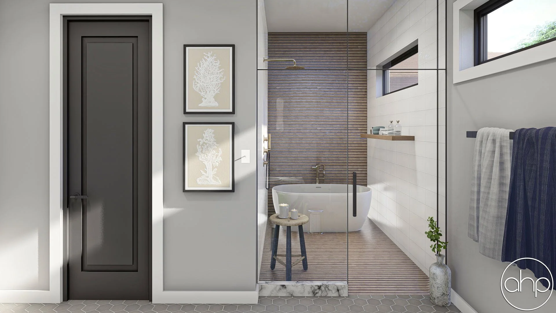 Modern bathroom with walk-in shower, bathtub, white tiled walls, and wooden accents, with two small horizontal windows, a dark door, and minimalist decor.