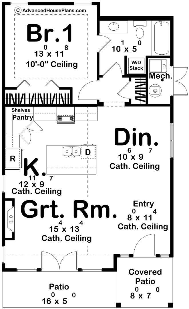 Floor plan of a house with labeled rooms including a bedroom, kitchen, great room, dining area, entryway, bathroom, laundry area, mechanical room, covered patio, and two additional patios.