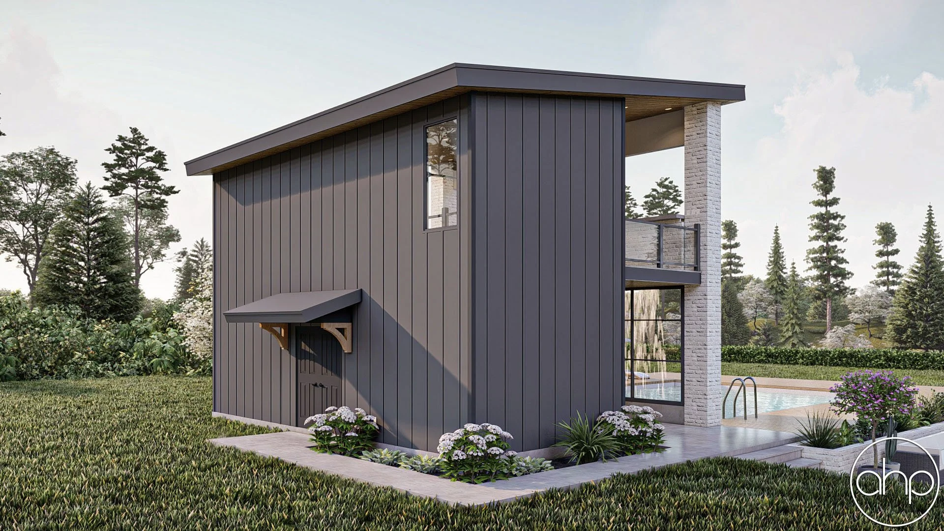 Modern two-story house with dark vertical siding, stone accents, and large windows. There is a backyard with a pool, patio, and landscaped garden with bushes and flowers.