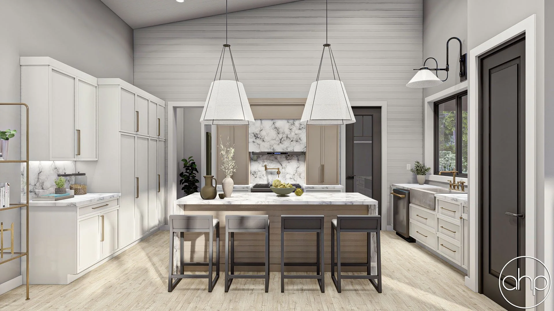 Modern kitchen with white cabinetry, marble backsplash, central island with marble countertop, black and gray chairs, large pendant lights, and a window with a view of greenery.