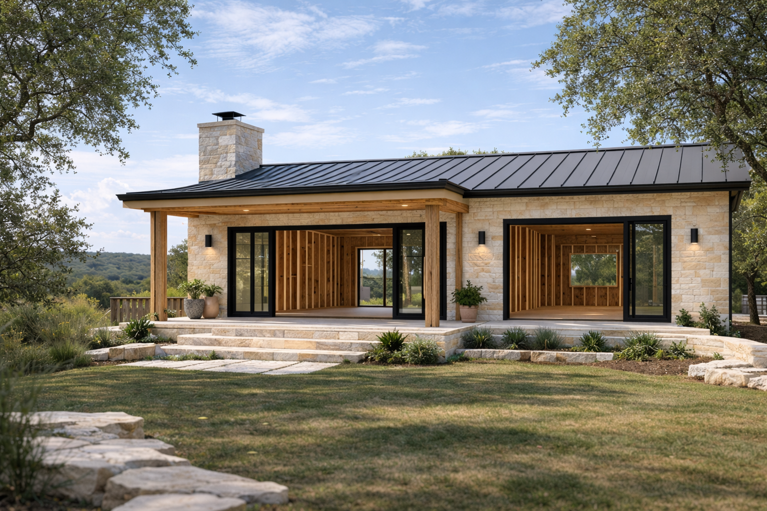 Modern house with stone exterior, black sliding glass doors, wooden accents, and a chimney, set in a landscaped yard with trees and a blue sky.