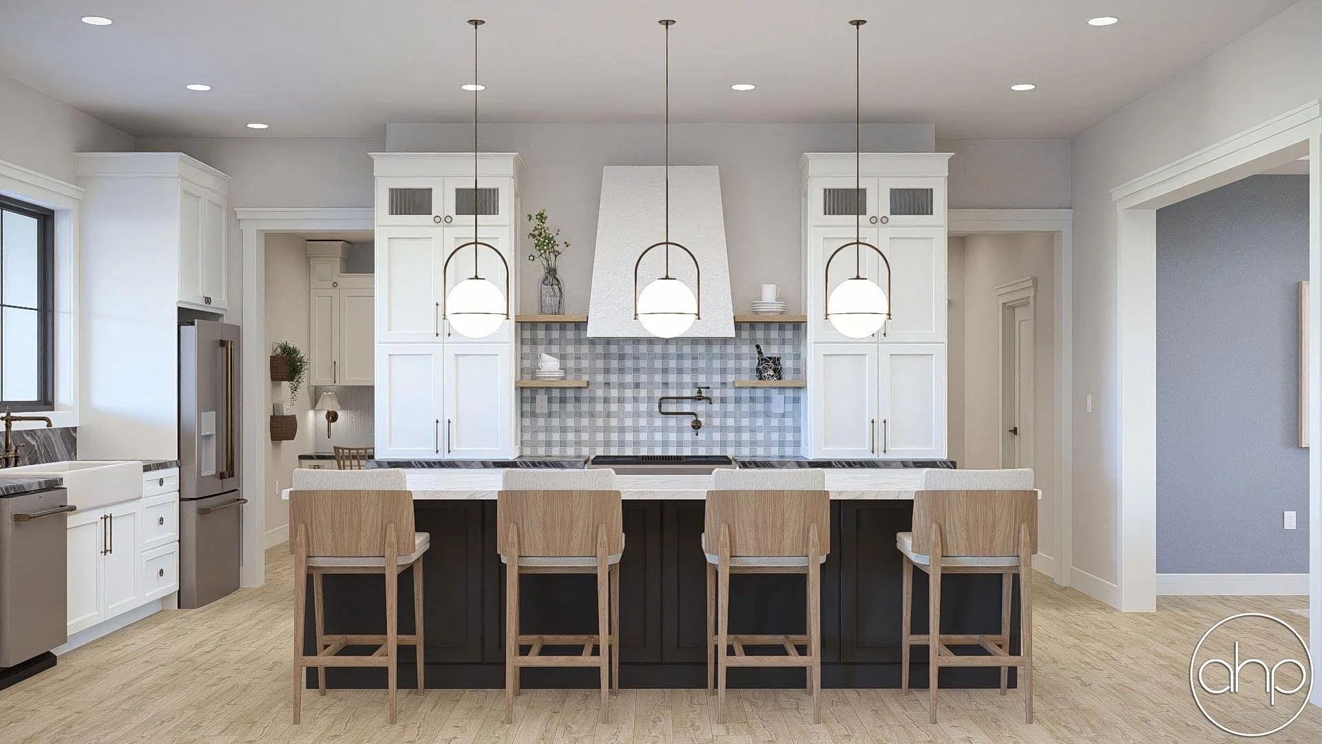 Modern kitchen with white upper cabinets, a black lower island with six wooden barstools, gray backsplash tiles, and pendant lights.