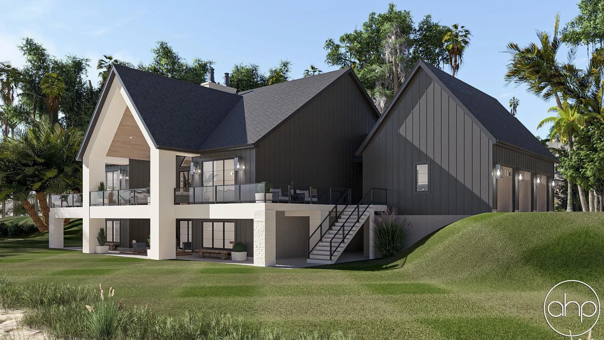 Modern house with white and dark gray exterior, large windows, multiple balconies, surrounded by lush trees and grass