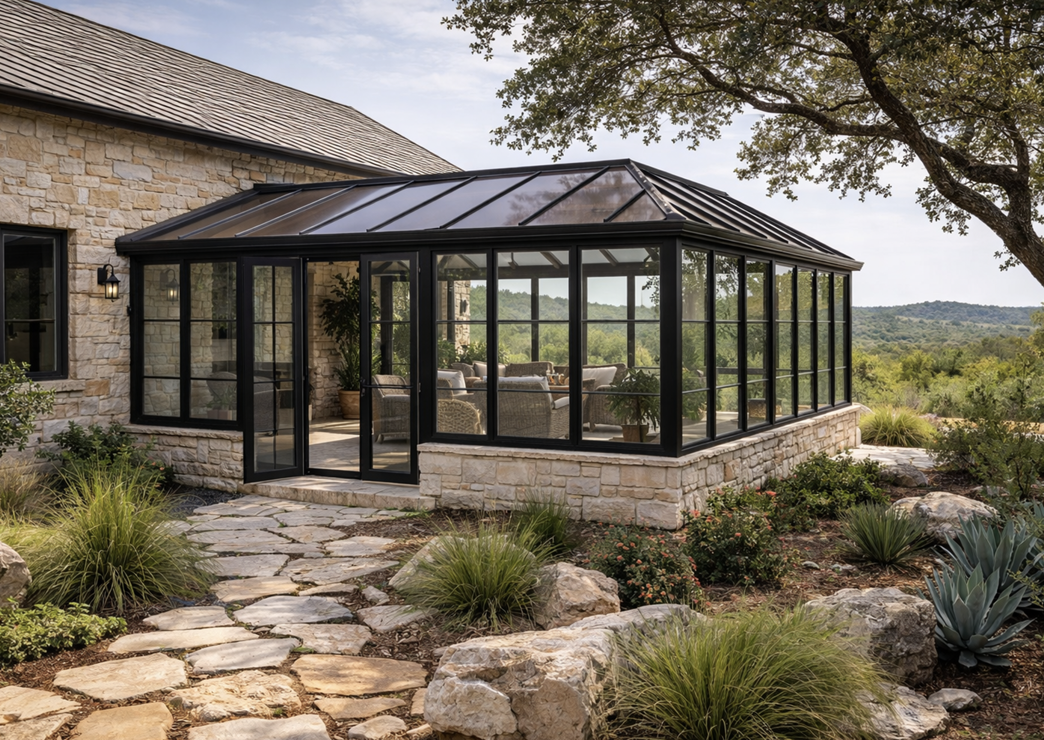 A stone house with a glass-walled sunroom extension surrounded by a landscaped yard with rocks and plants.