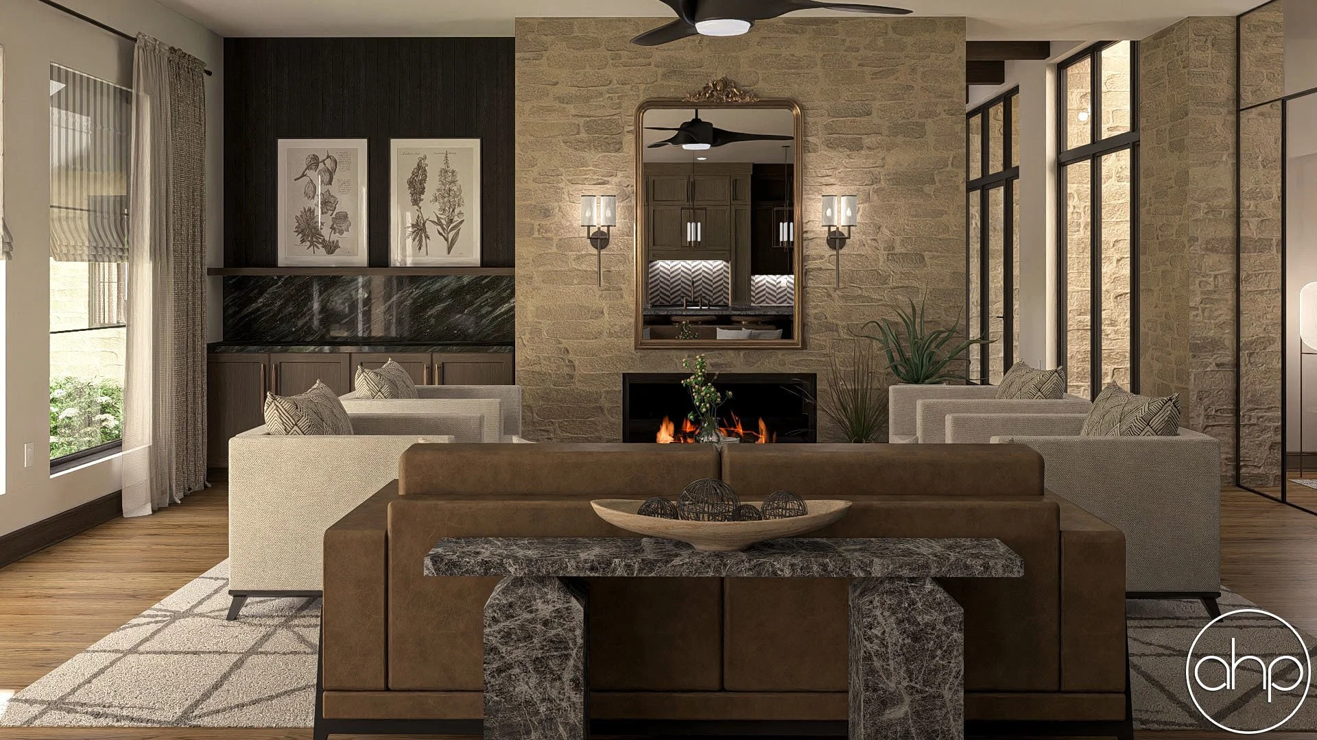 Modern living room with stone wall, fireplace, large mirror, two white couches, a brown sofa, and decorative items.