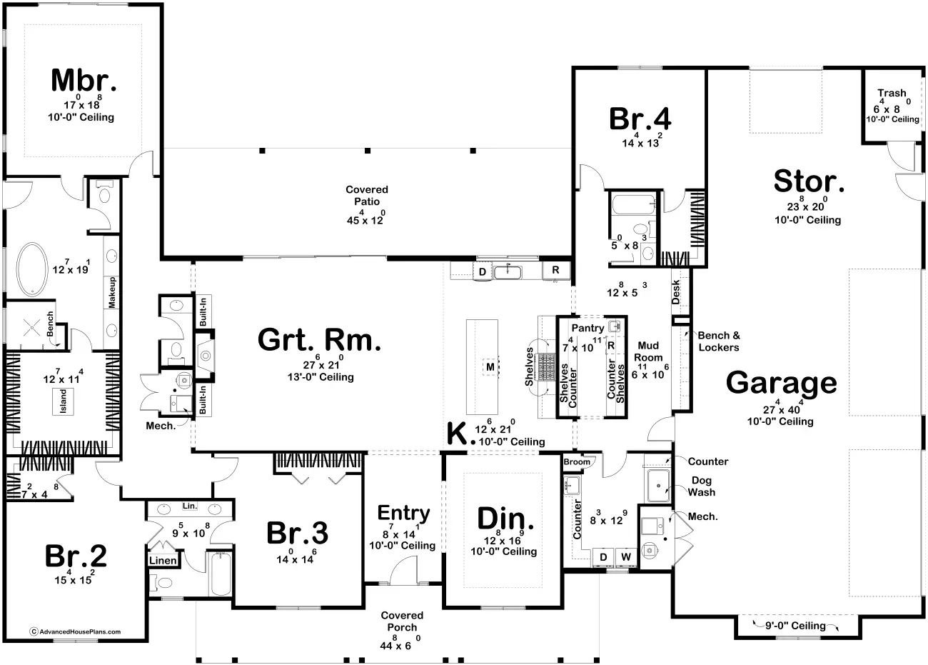 Floor plan of a house showing multiple bedrooms, bathrooms, a great room, kitchen, dining area, garage, storage, mudroom, covered porch, and covered patio.