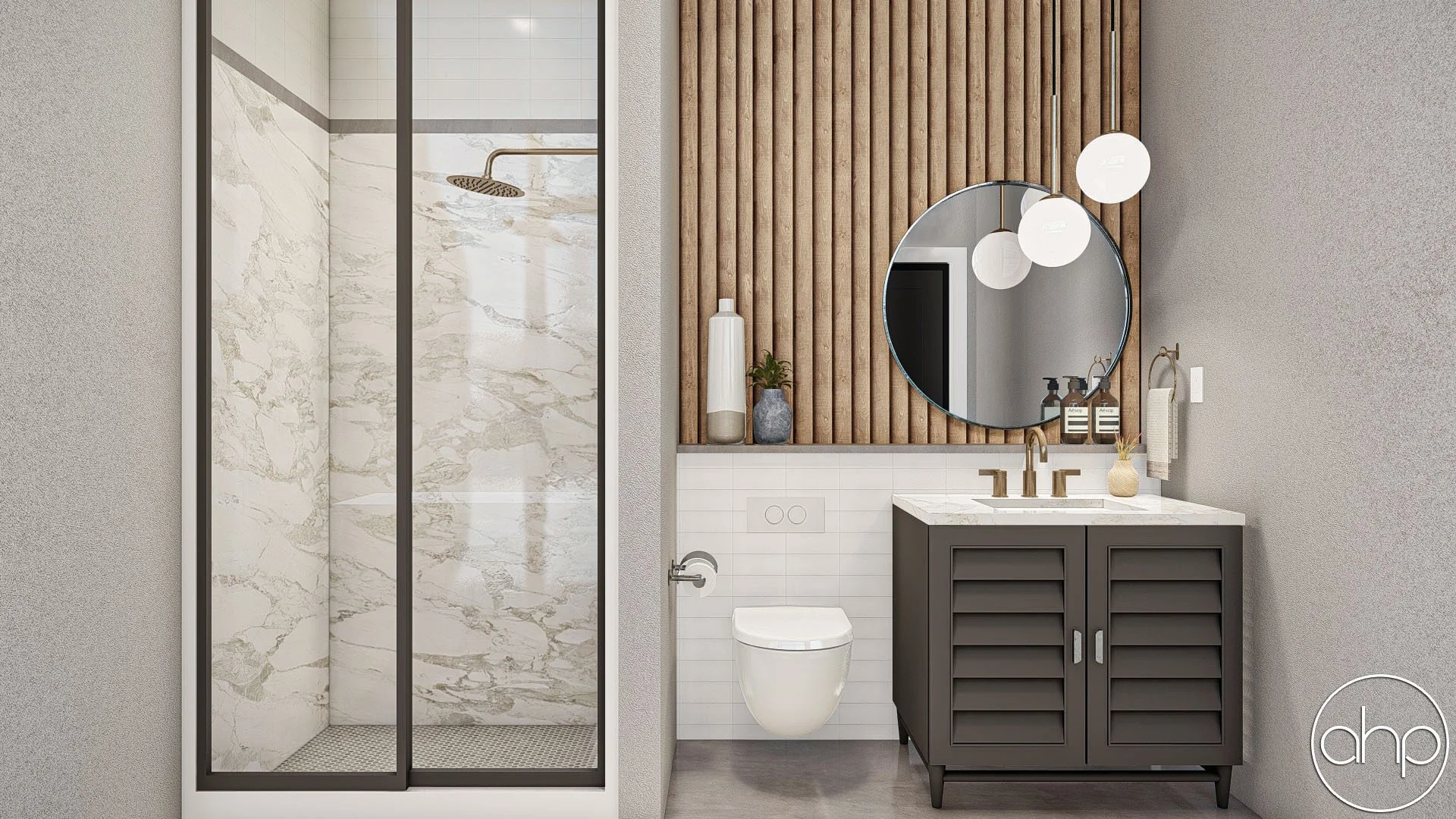Modern bathroom with walk-in shower, round mirror, vanity with white marble top, two pendant lights, decorative vases, and a towel hanging on a wall hook.