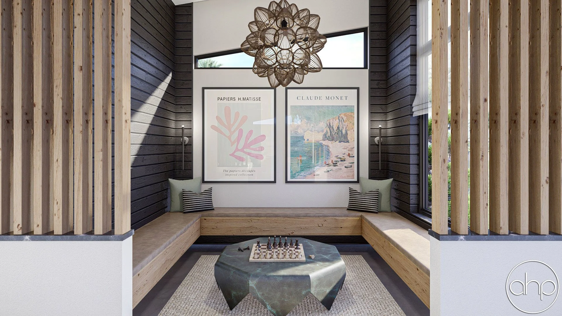 Modern interior seating nook with dark wood wall panels, light wooden slats, two framed art posters, and a large window. Features built-in bench seating with cushions, a central marble table, and decorative lighting fixture.