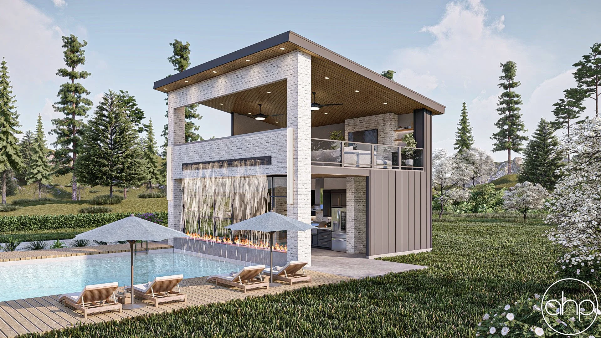 Modern two-story house with a swimming pool, outdoor lounge chairs, umbrellas, and a water feature surrounded by trees and greenery.