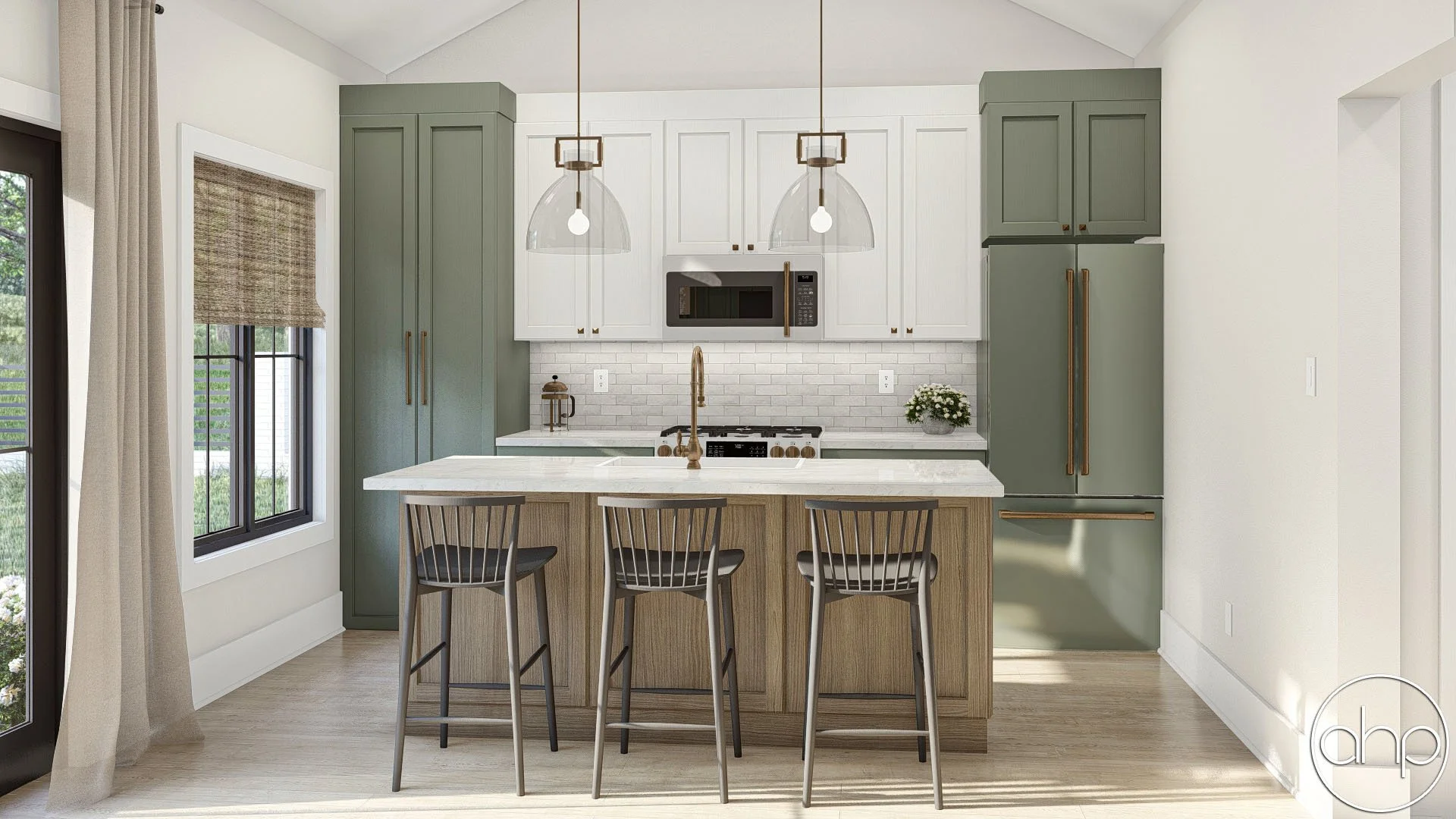 Modern kitchen with a white marble island, green and white cabinets, white brick backsplash, and pendant lights.