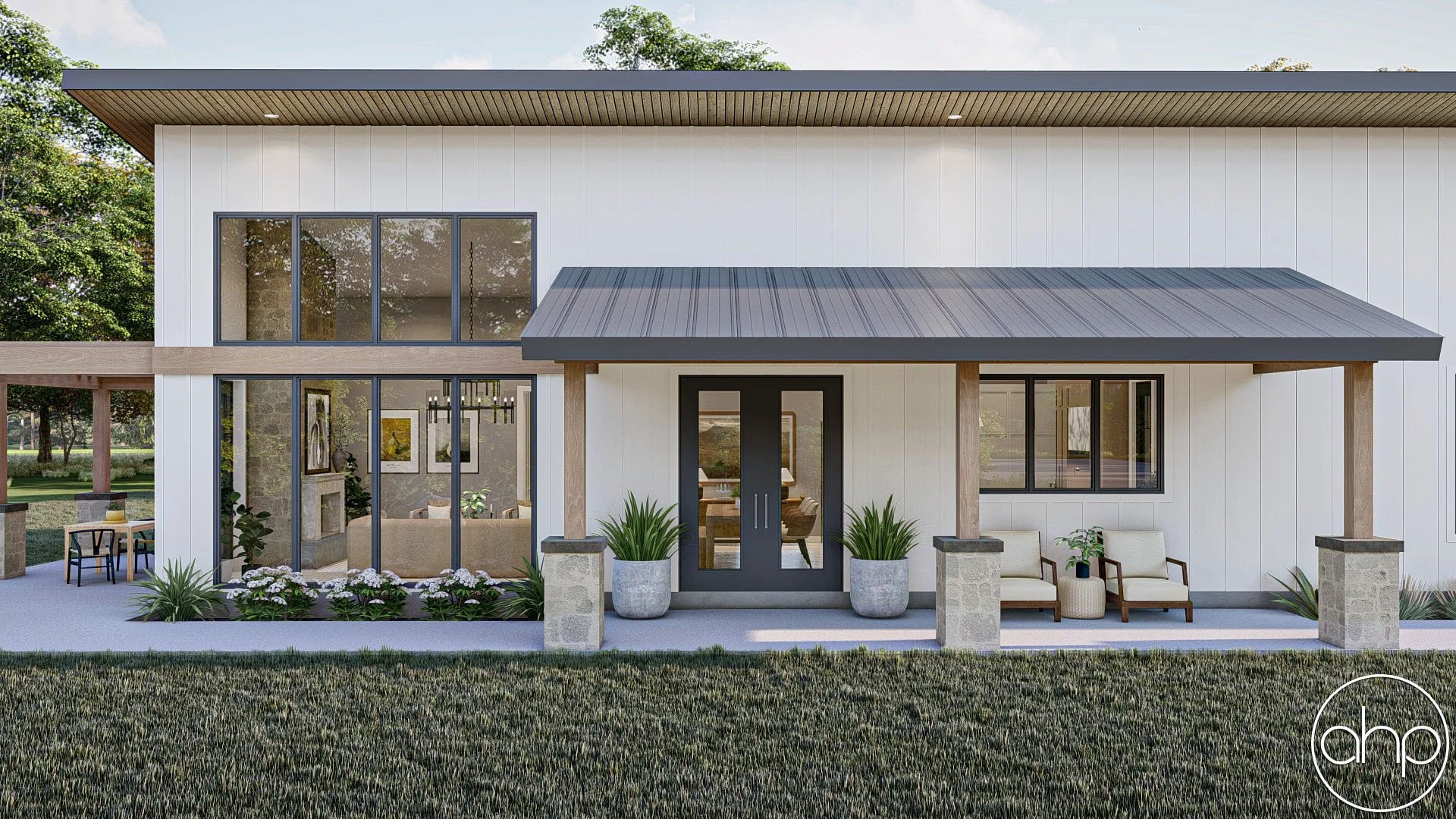 Front view of a modern two-story house with white exterior walls, large windows, a covered porch with seating, potted plants, and landscaping.