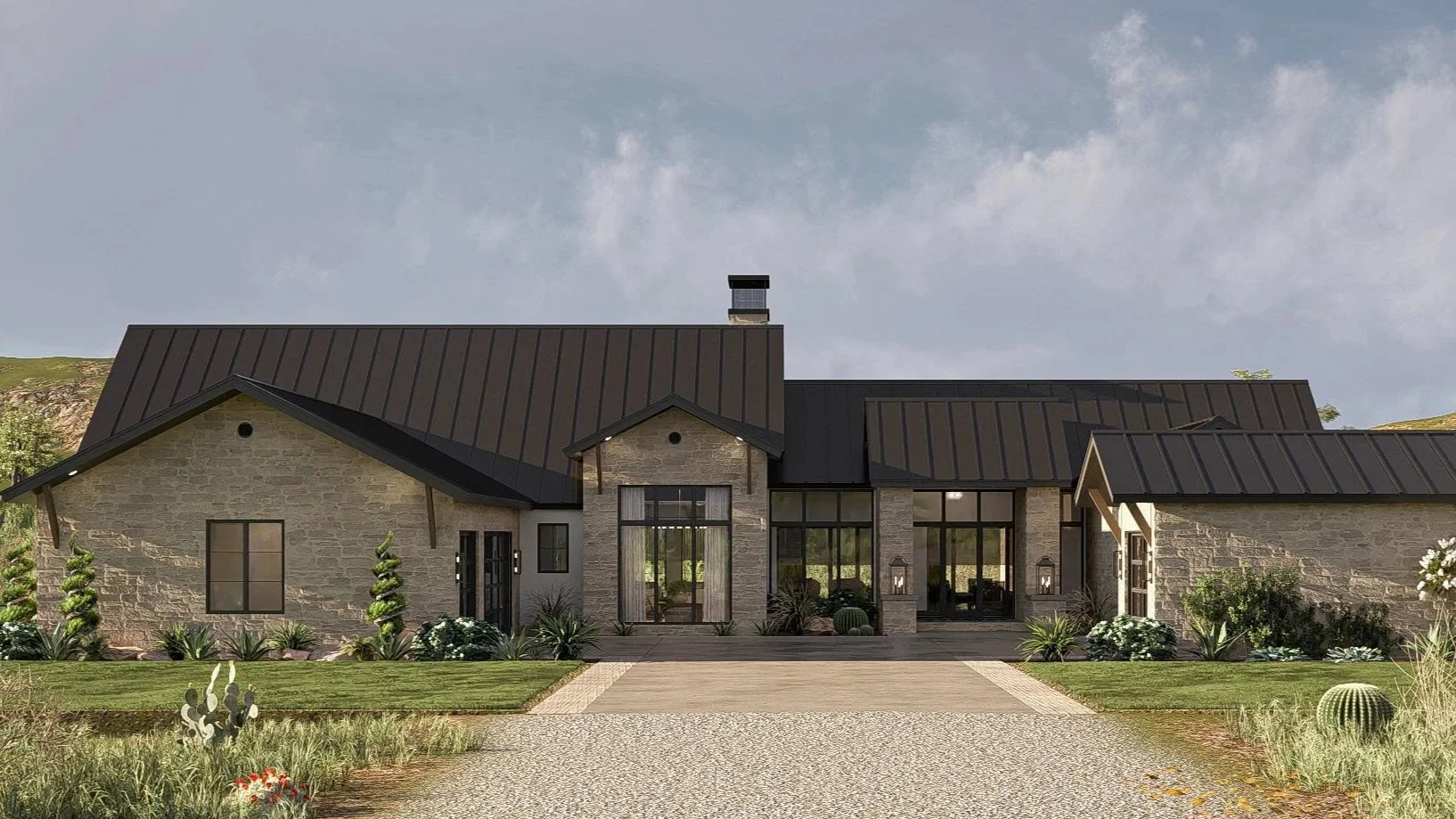 Perryville custom home with natural stone exterior and black metal roof