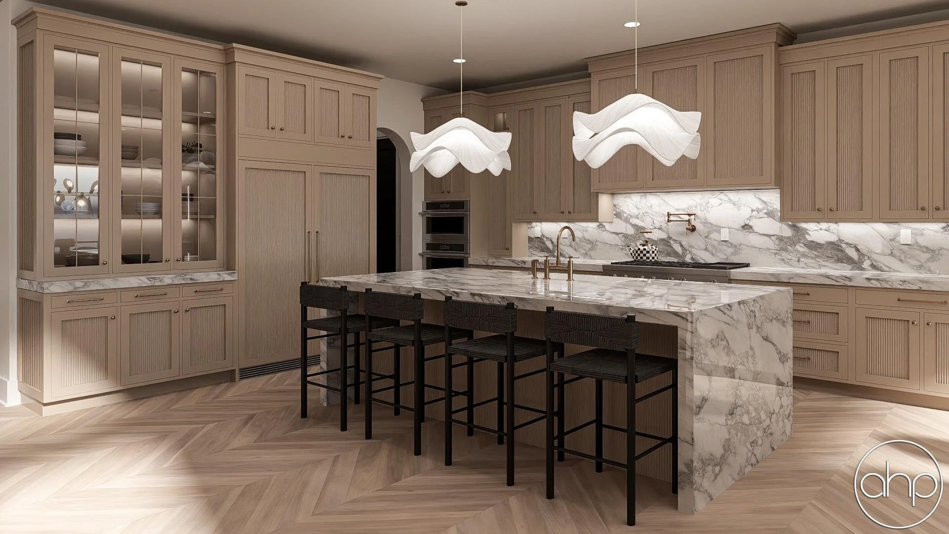 Modern kitchen with light wood cabinets, marble island, and black barstools, pendant lighting, and backlit marble backsplash.