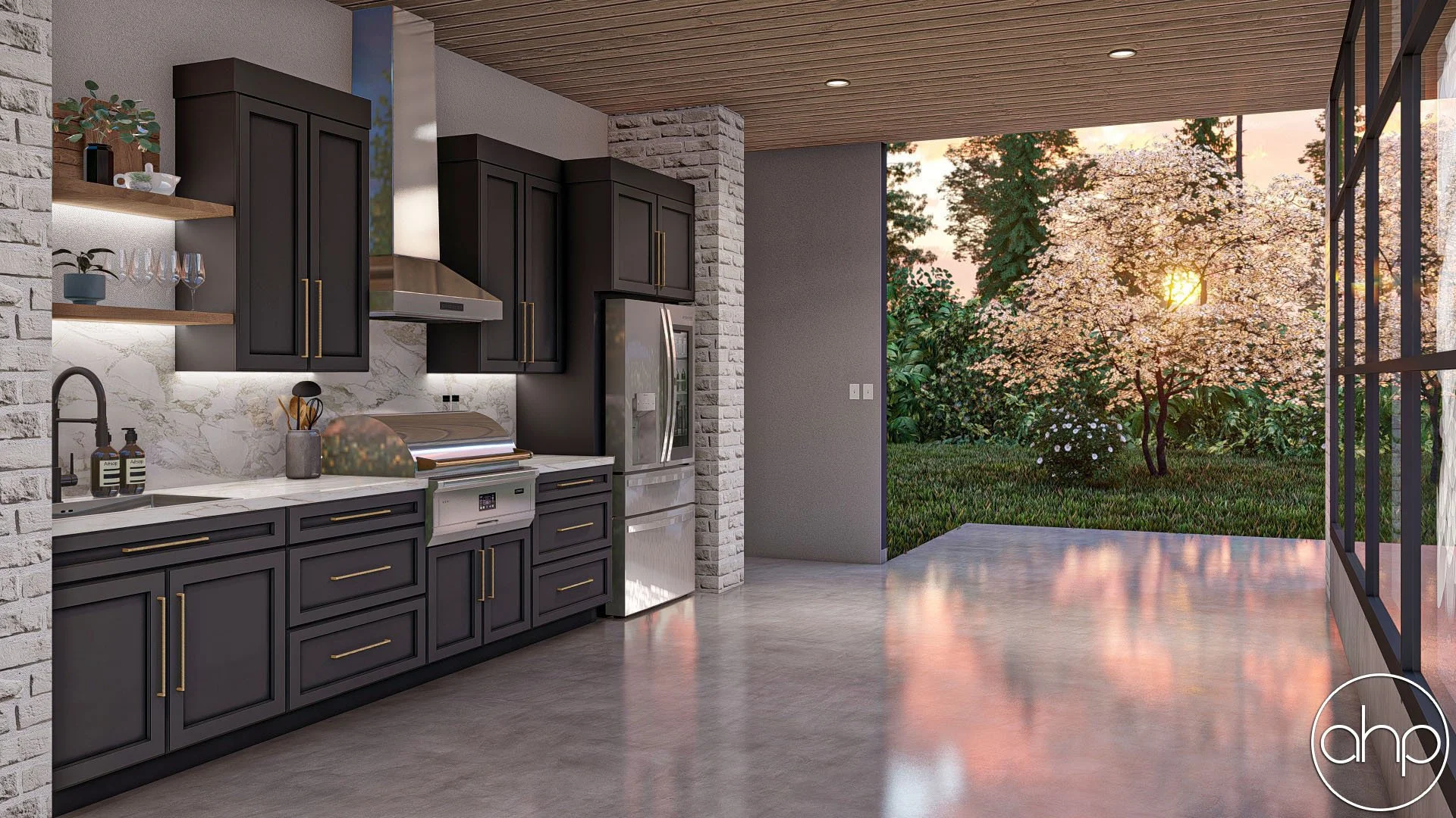 Modern kitchen with black cabinets, white marble backsplash, stainless steel appliances, open shelves with glassware, and a view of a garden with blooming trees at sunset.