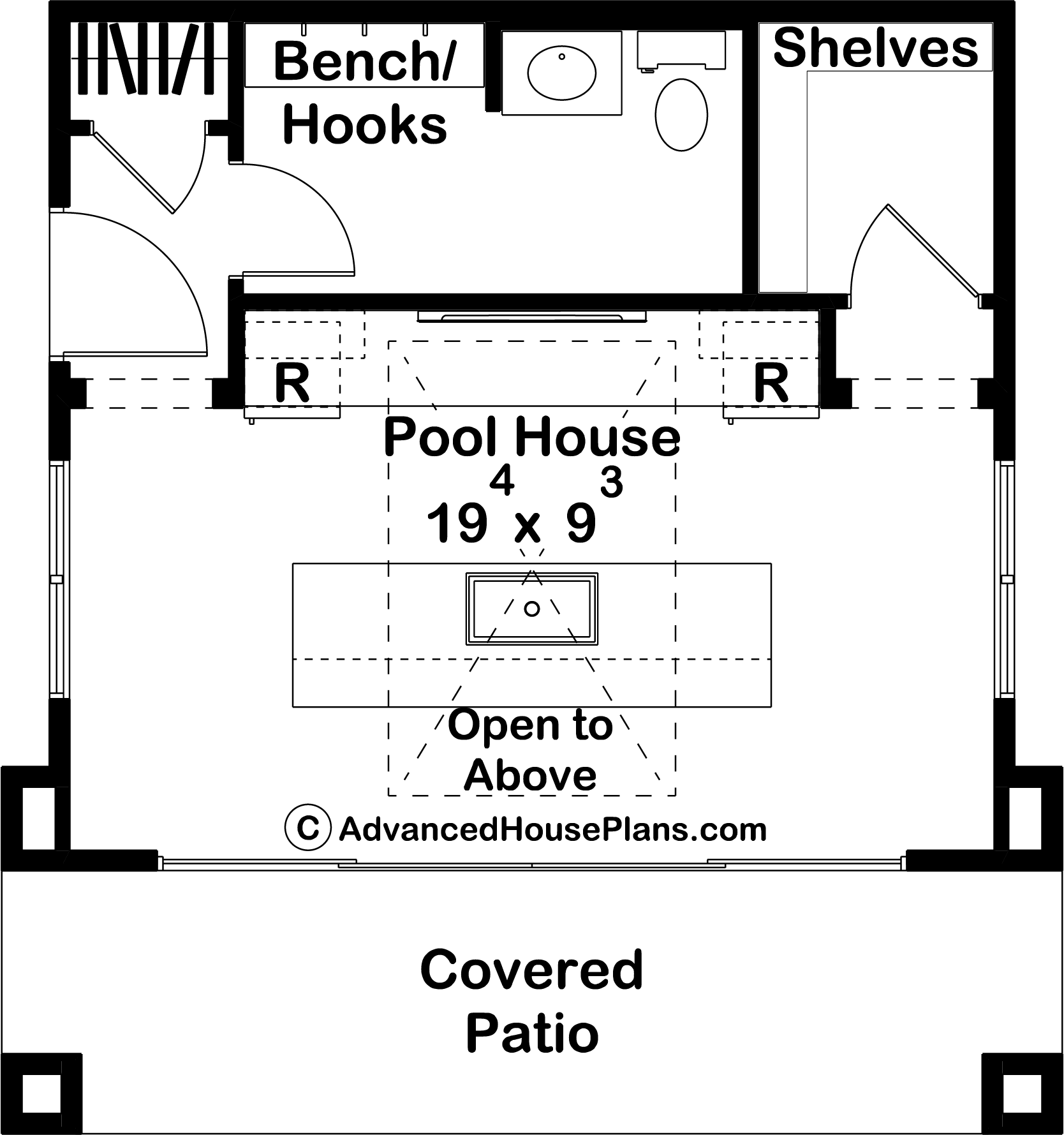 Floor plan of a pool house with dimensions 19 by 9. It features a central pool with a built-in hot tub, and is open to an above-covered patio below. The area includes shelves, benches, hooks, and two storage rooms labeled R. There is a small bathroom with a sink and toilet, and a laundry area. The pool house is accessible through doors leading to the patio.