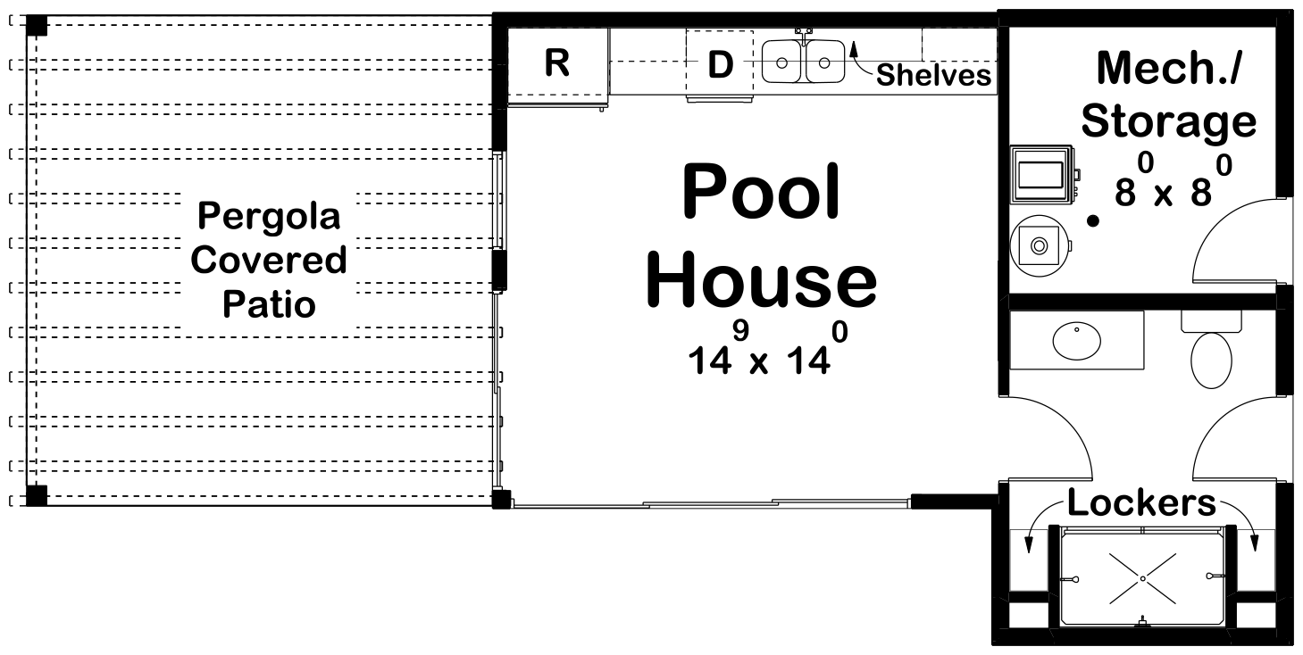 Floor plan of a pool house with a covered patio, a pool with shelves, a mechanical/storage room, lockers, and a bathroom.