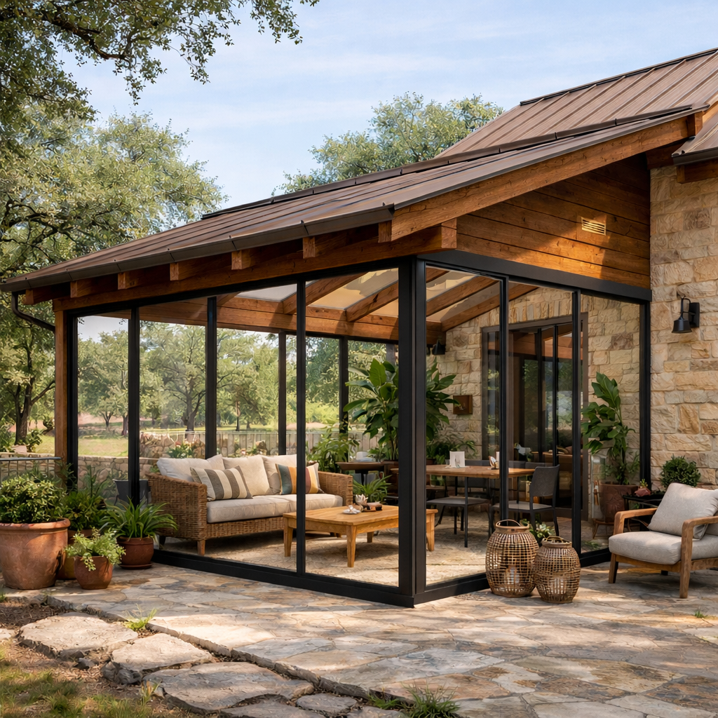 A screened-in porch attached to a house with stone and wood exterior, furnished with outdoor seating, potted plants, and wicker baskets, surrounded by trees and a grassy landscape.