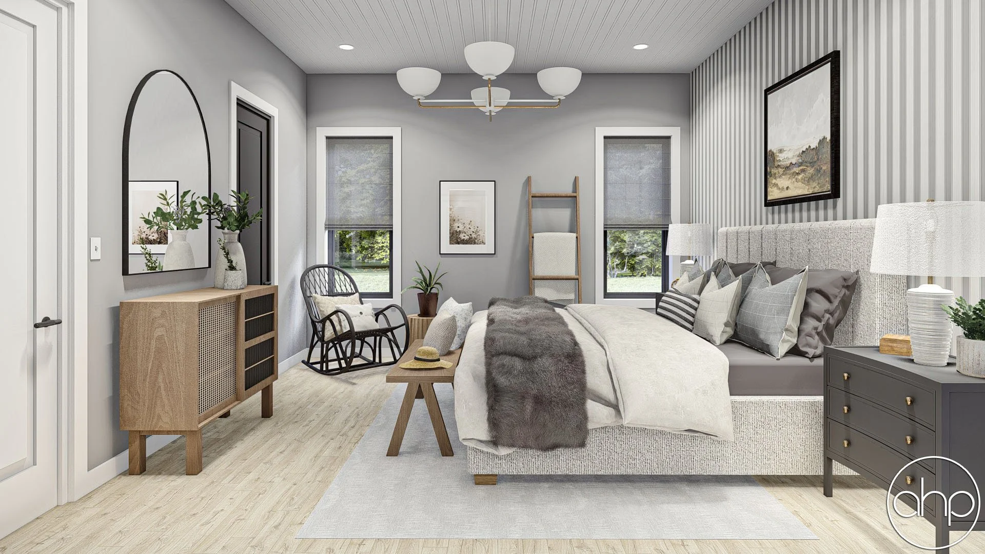 A modern bedroom with a large bed, gray and white bedding, nightstands with lamps, a wooden bench with a hat, and a black rocking chair. The room has two windows with gray blinds, a wooden ladder, framed artwork, potted plants, and a striped accent wall.