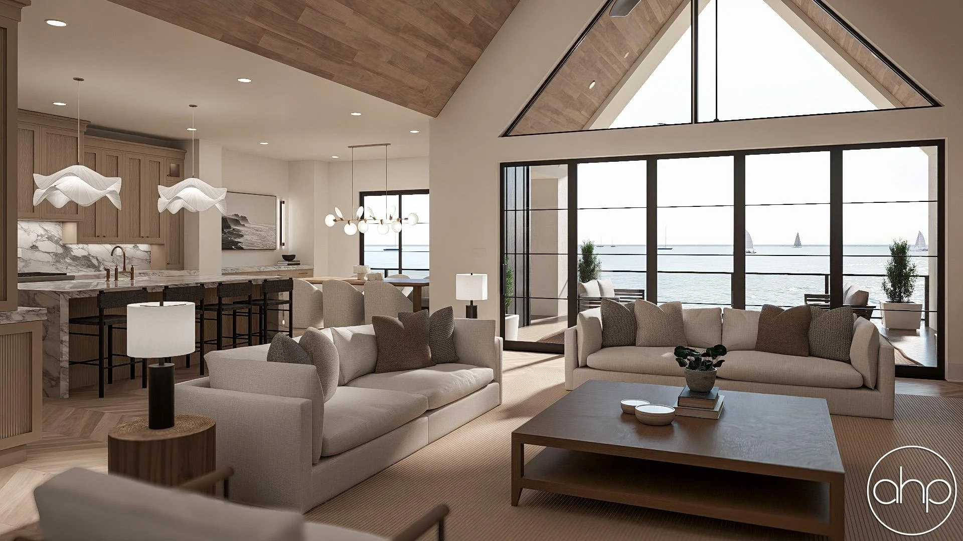 Spacious living room with large windows and ocean view, modern sofas, coffee table, floor lamps, and a view of the balcony with outdoor seating.