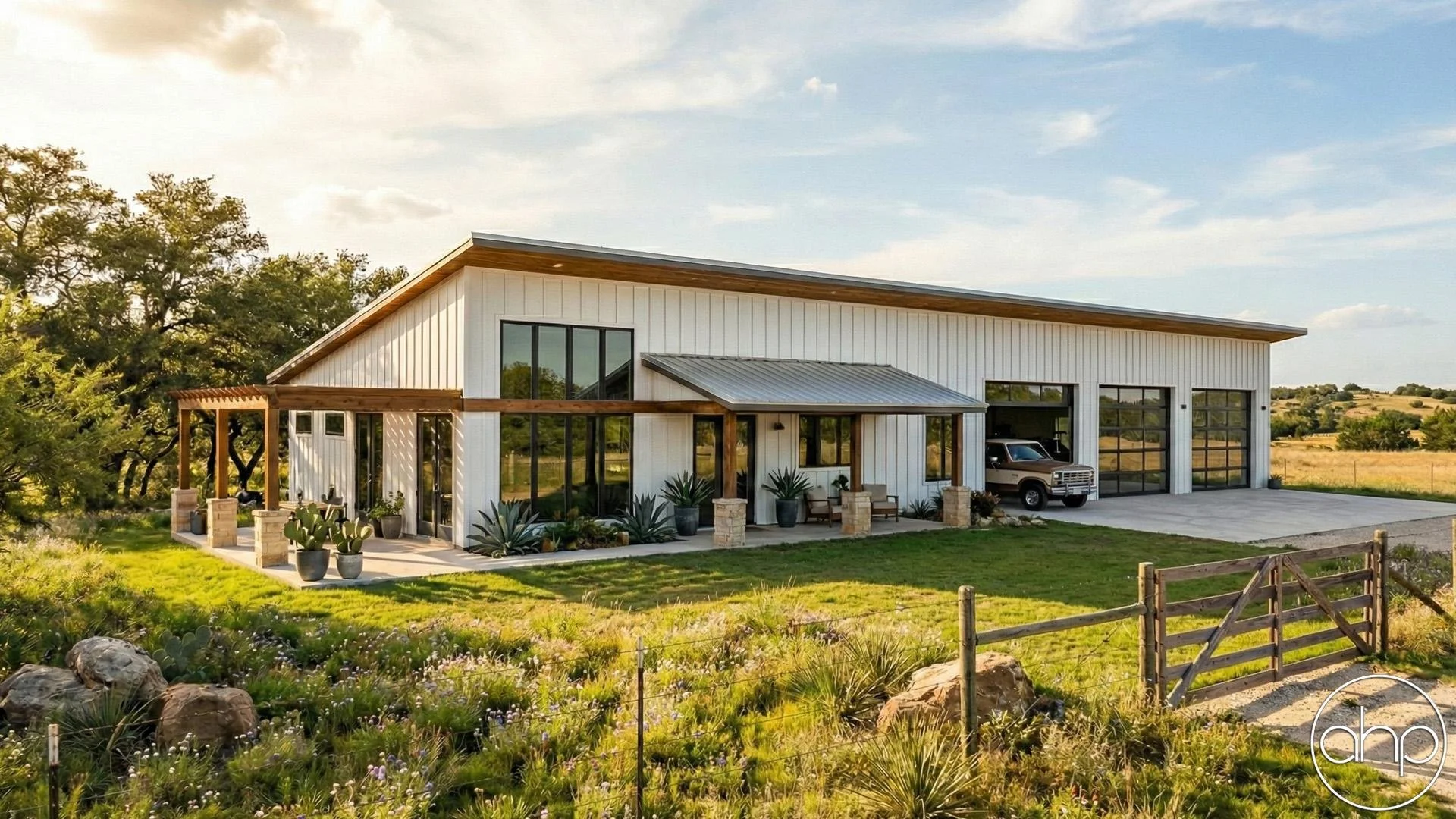 Modern farmhouse with a large garage and a porch, surrounded by a fenced garden with rocks, plants, and desert landscaping, in a rural setting with trees and open fields.