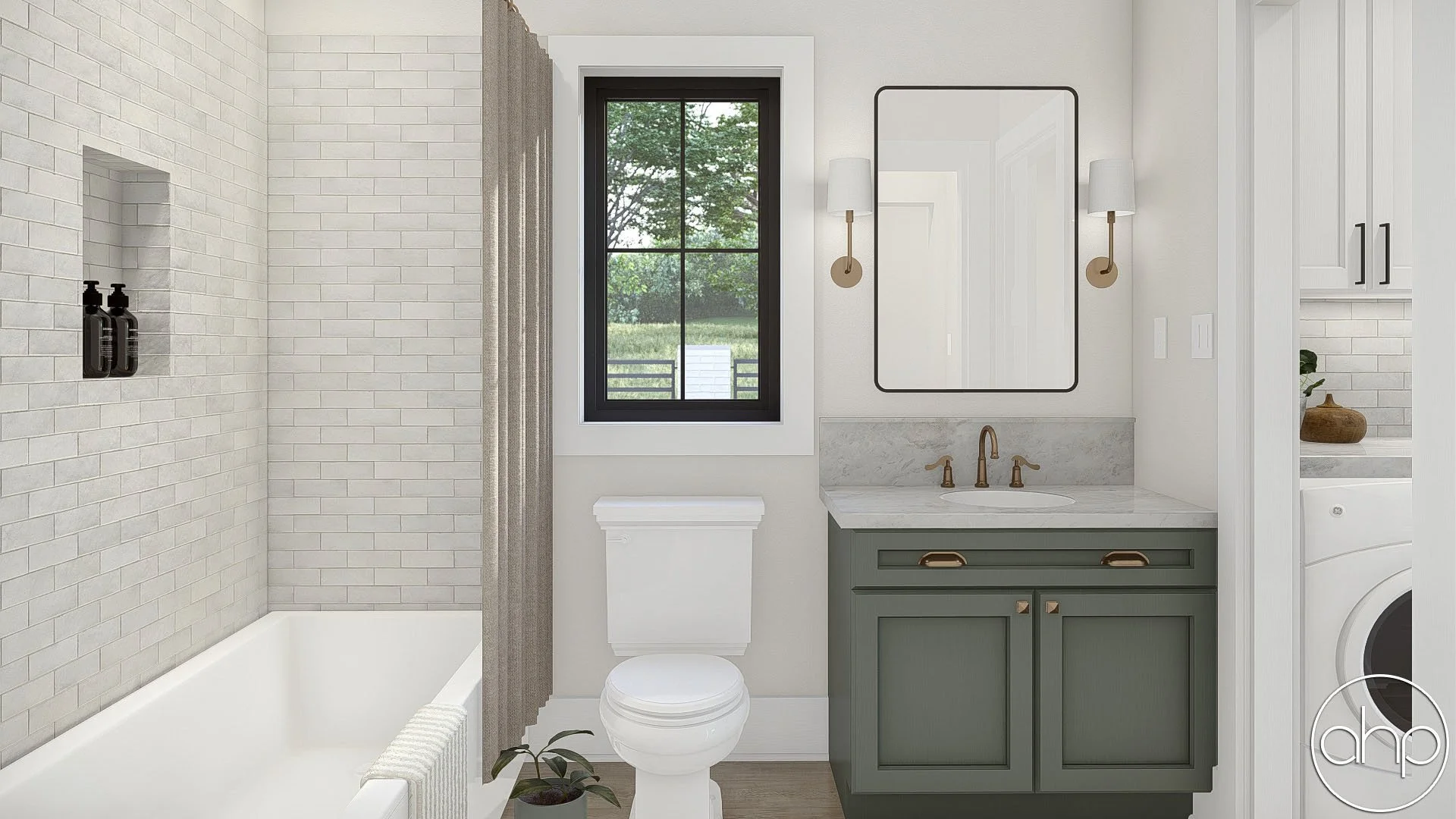 A modern bathroom with a white bathtub, a window with black trim, a green vanity with a marble countertop, a wall mirror, two wall-mounted sconces, a white toilet, a small potted plant, and a washer and dryer visible in the background.