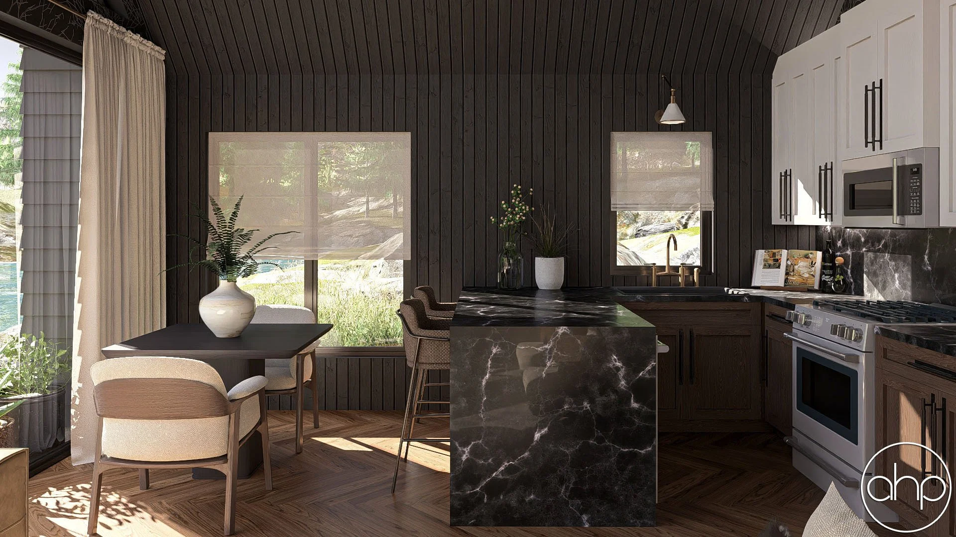 Modern kitchen interior with dark wood walls, white cabinets, marble countertops, a dining table with chairs, and large windows offering a view of outdoor greenery.