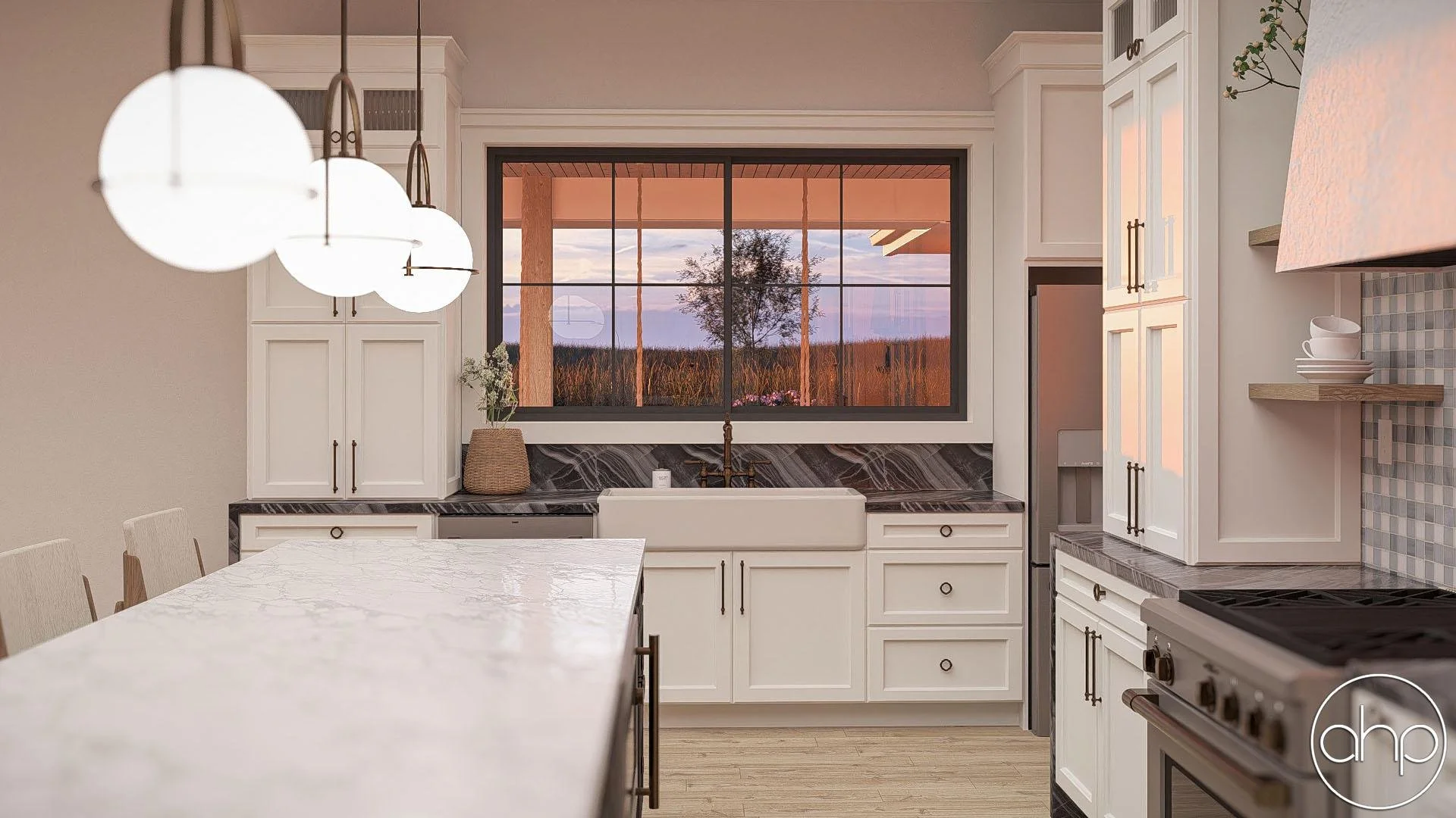 Modern kitchen with white cabinets, black marble countertops, a farmhouse sink, and a large window overlooking a sunset landscape with trees and fields.