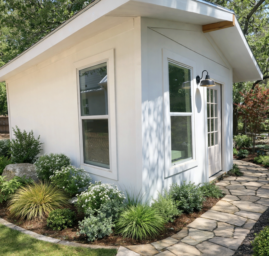 Small white house with large windows, surrounded by a garden with various green plants and flowers, and a stone pathway leading to the door.