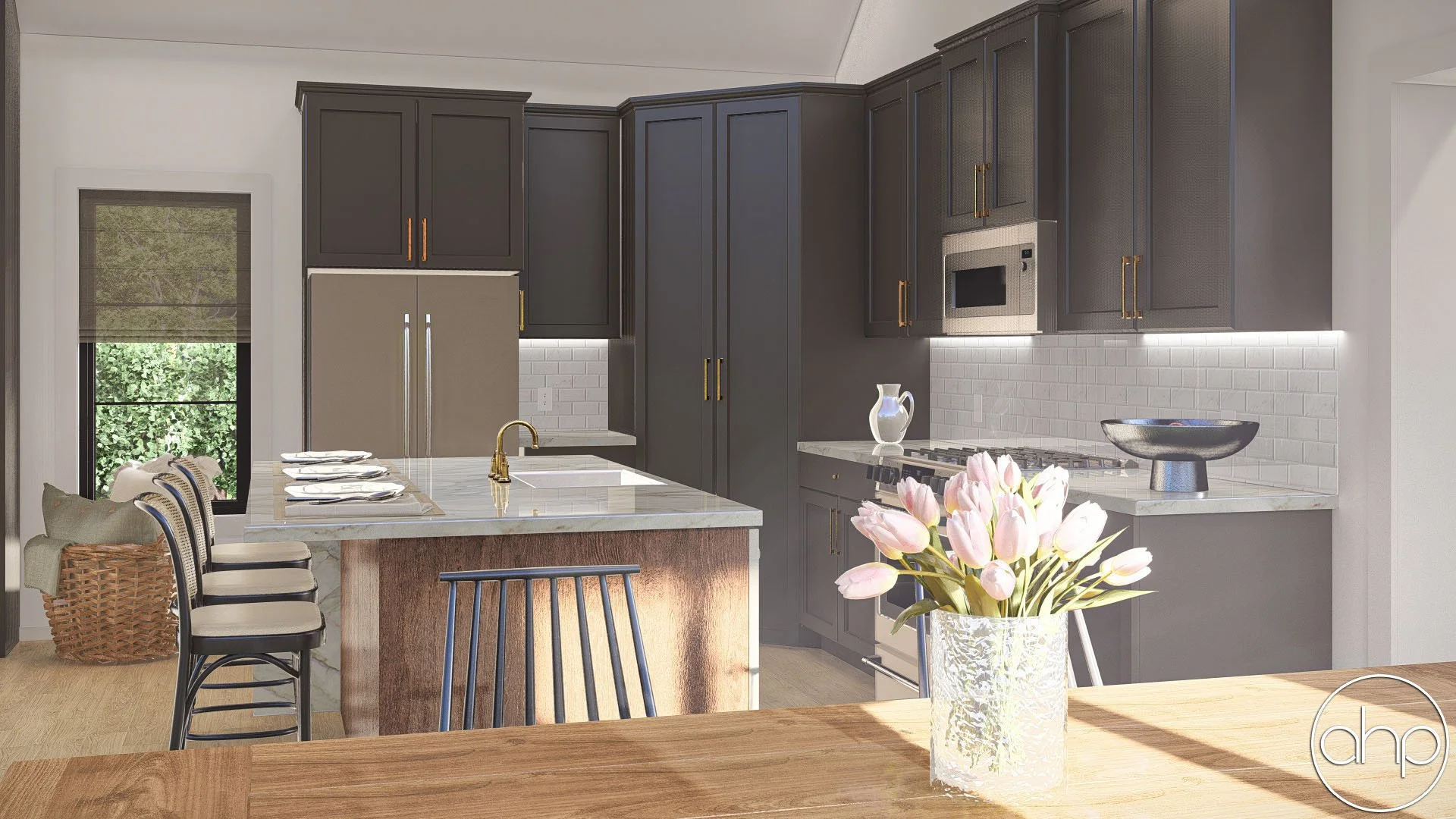 Modern kitchen with black cabinets, white countertops, and a white subway tile backsplash. There are three chairs at the counter and a vase of pink tulips on the wooden table in the foreground.