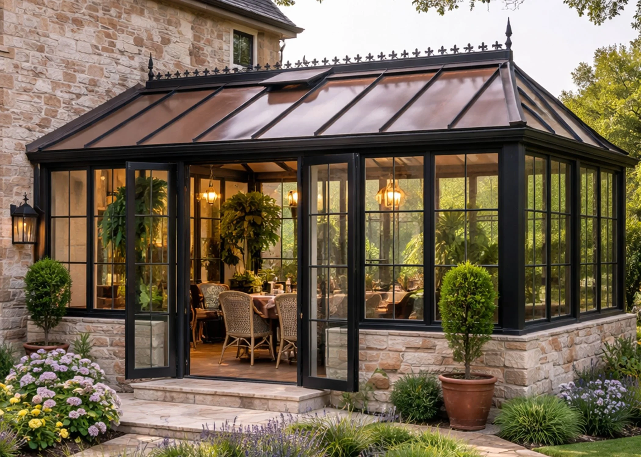 A sunroom attached to a house with stone walls, featuring large glass windows and a door, with potted plants outside and greenery around.