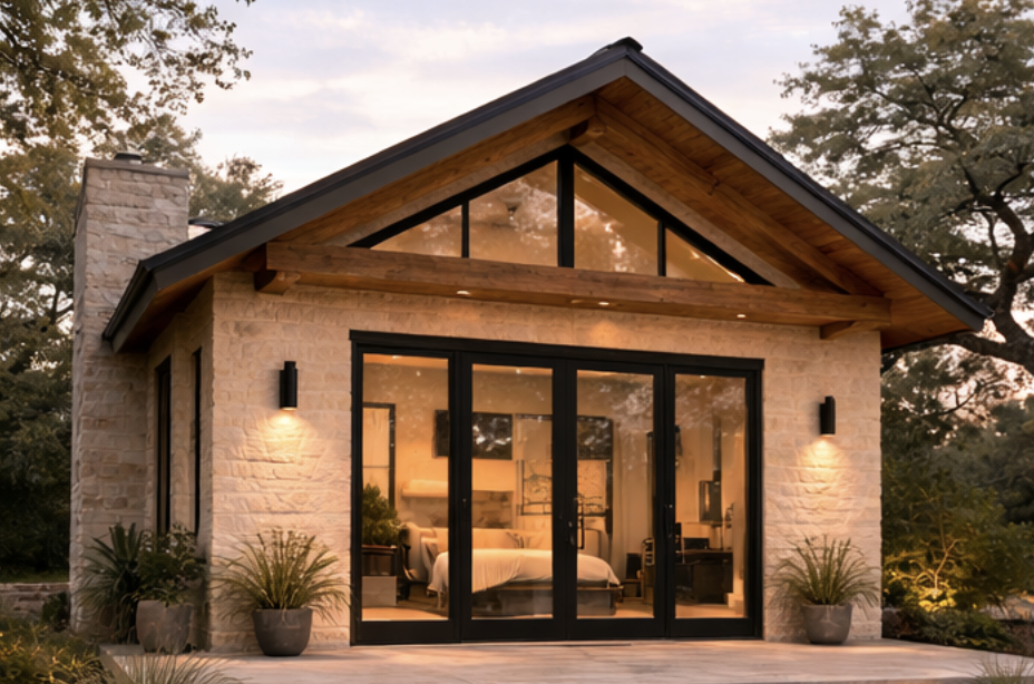Modern house with stone exterior, large glass sliding doors, and a sloped roof with exposed wooden beams. The house is illuminated from inside, with potted plants outside, surrounded by trees at dusk.