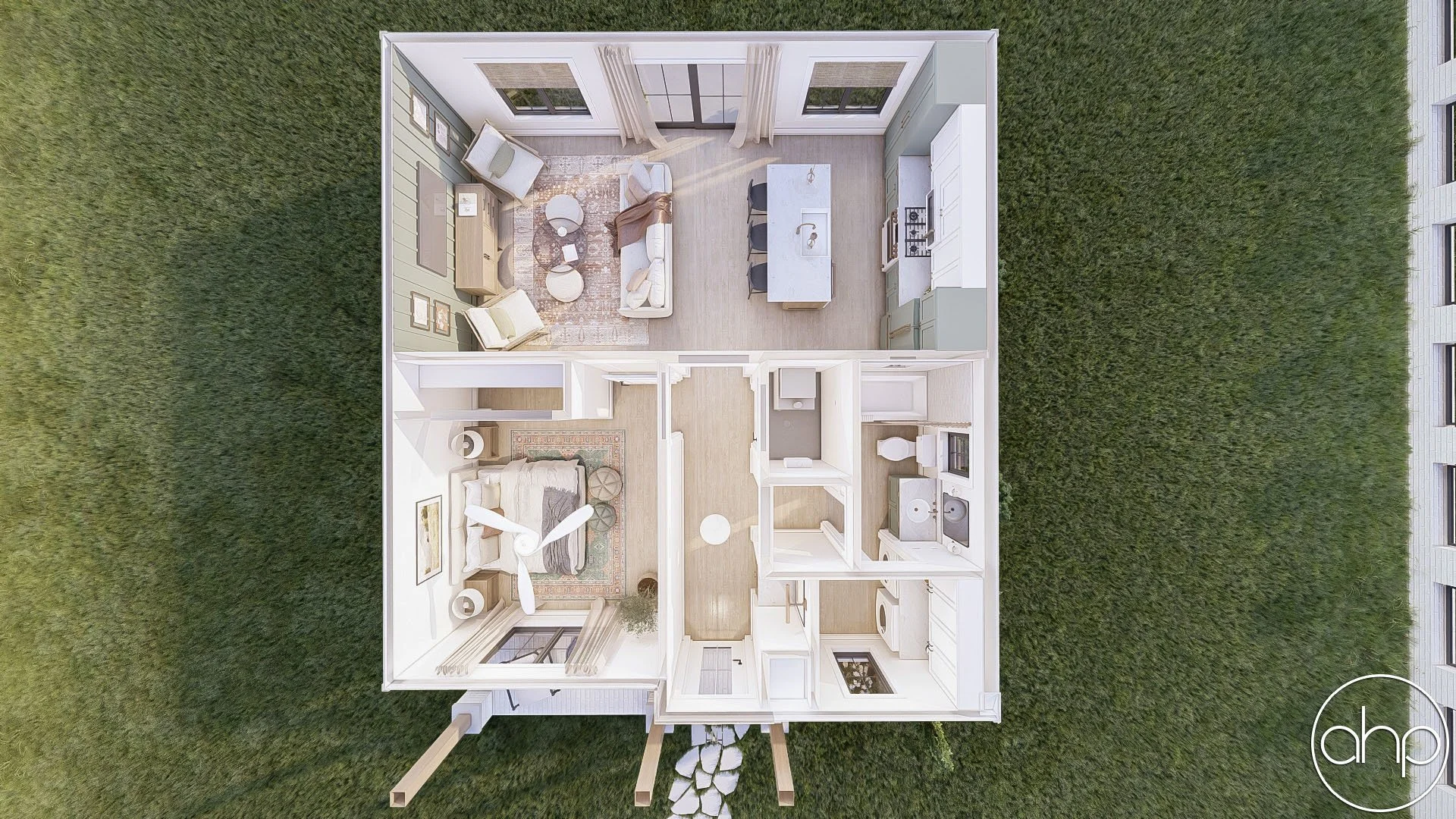 Top-down view of a one-story house with three rooms: a living room, bedroom, and bathroom, surrounded by a grassy yard.