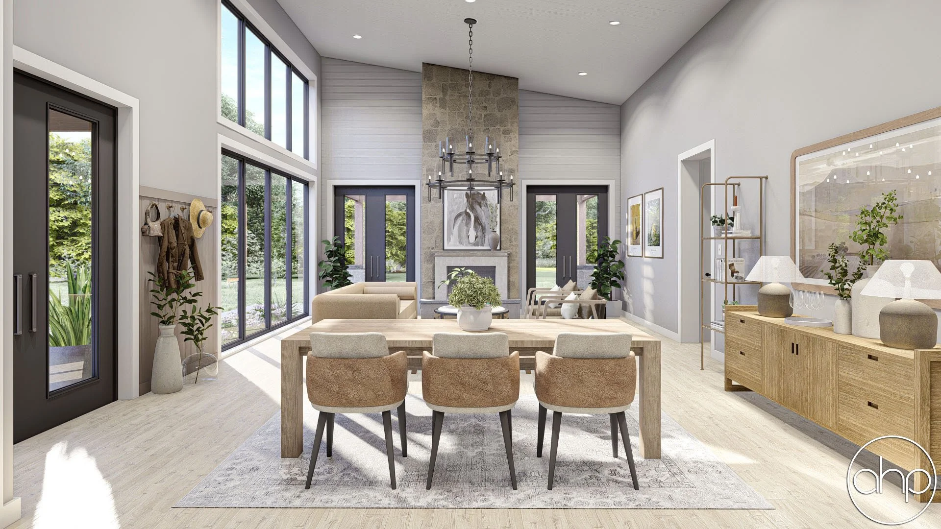 Bright living and dining room with large windows, a fireplace, chandelier, dining table with six chairs, beige sofas, and indoor plants.