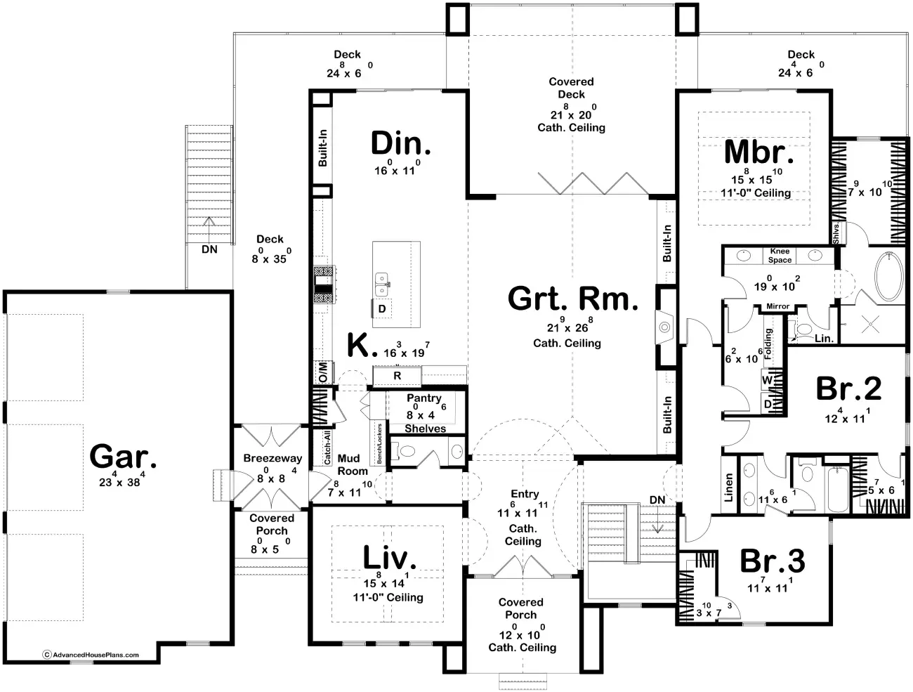 Floor plan of a house showing various rooms including a garage, living room, kitchen, dining area, master bedroom with walk-in closet and bathroom, two additional bedrooms, bathrooms, porches, decks, and a laundry area.