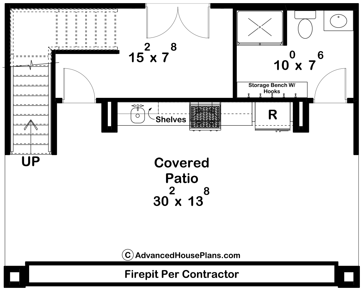 Floor plan of a house's back area showing a covered patio, storage room, bathroom, and stairs leading up.