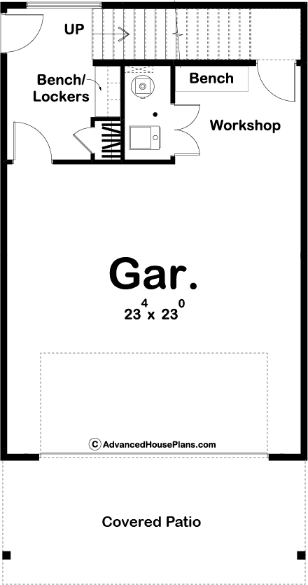 Floor plan showing a garage with a size of 23 by 23 feet, a covered patio, a workshop, a bench area, and benches/lockers section, with stairs leading up and a door near the bench area.