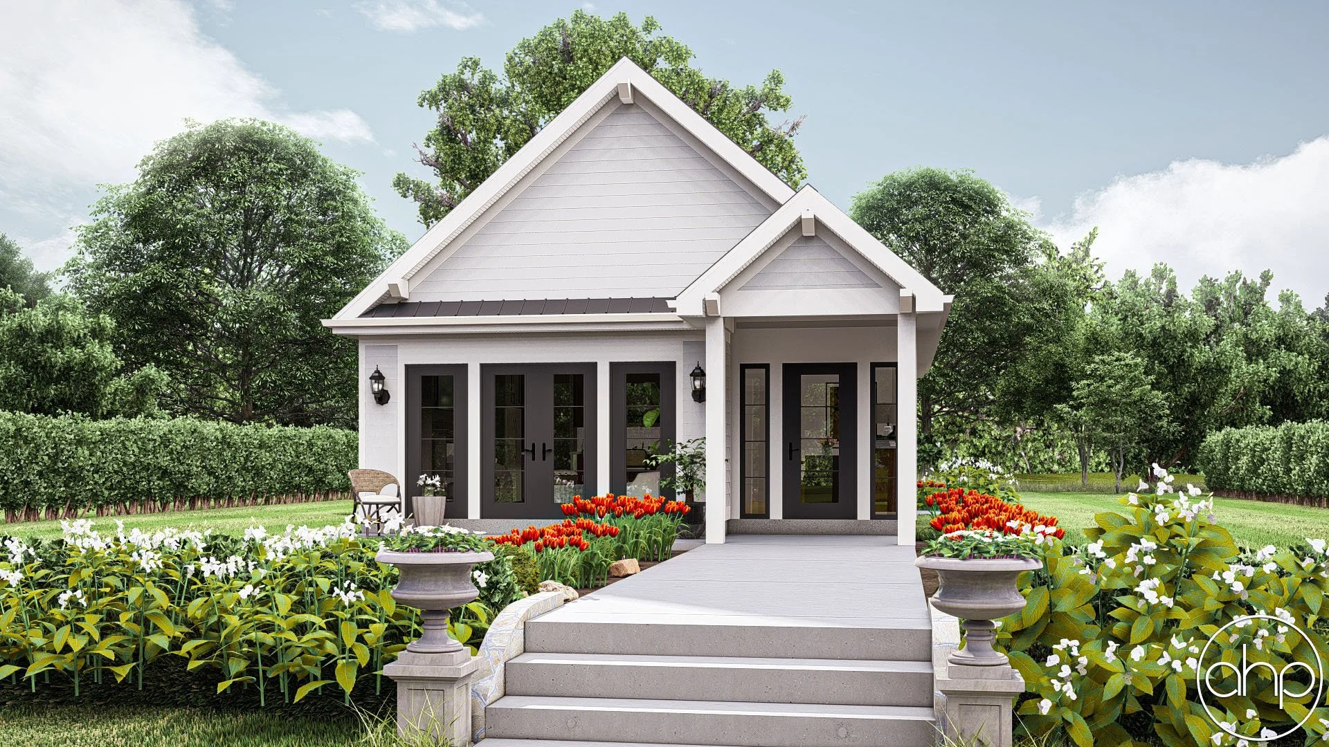 Front view of a modern white house with black doors, surrounded by a well-maintained garden with colorful flowers and green trees in the background.