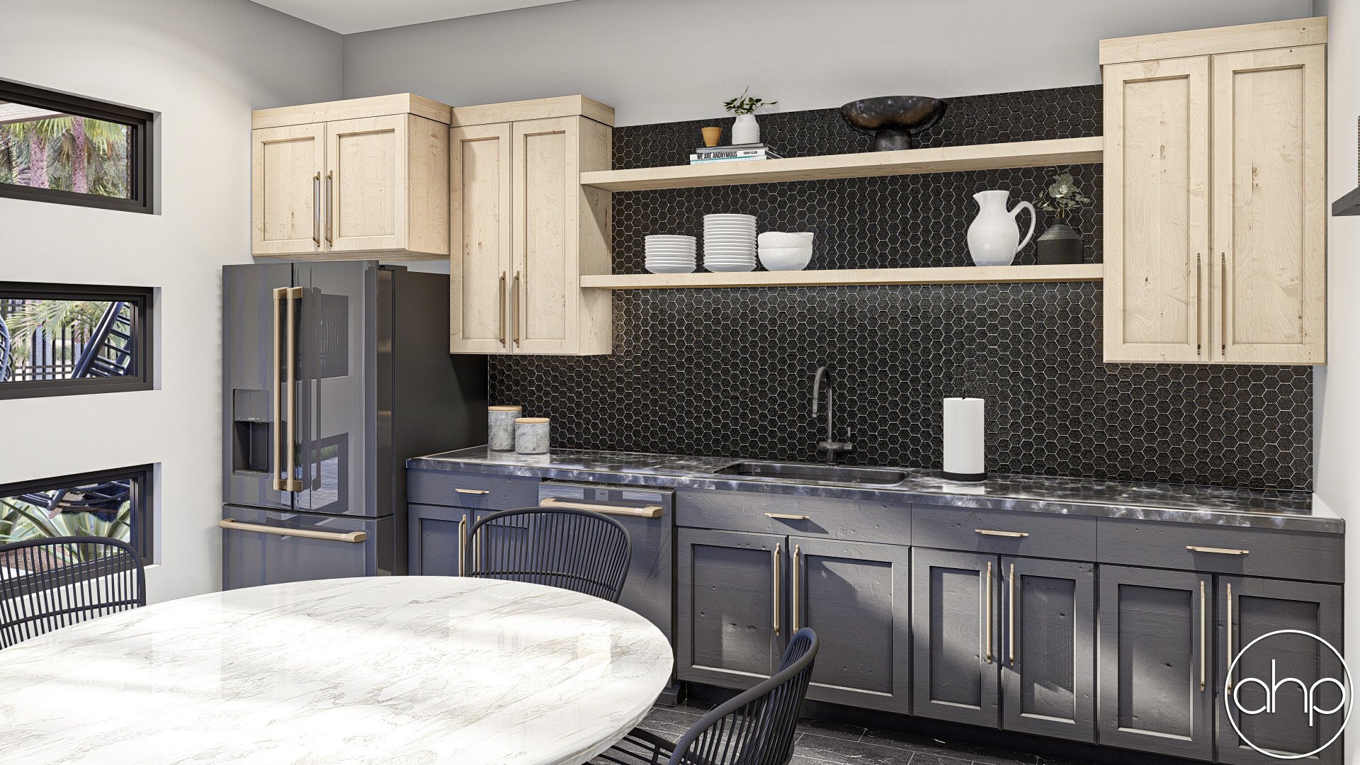 Modern kitchen with light wood upper cabinets, dark lower cabinets, black mosaic tile backsplash, open shelves with dishes and decorative items, stainless steel refrigerator, marble countertop, and black wire chairs around a white marble table.