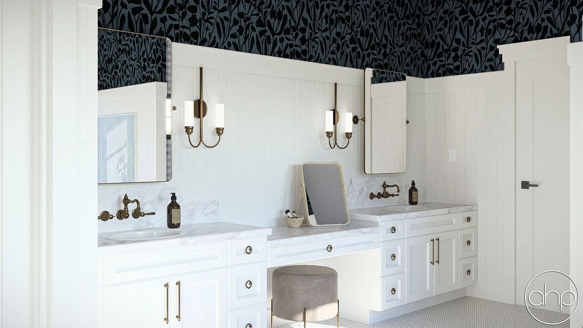Double bathroom vanity with two mirrors, wall sconces, black and white wallpaper, and a stool, with brown bottles on the counter.