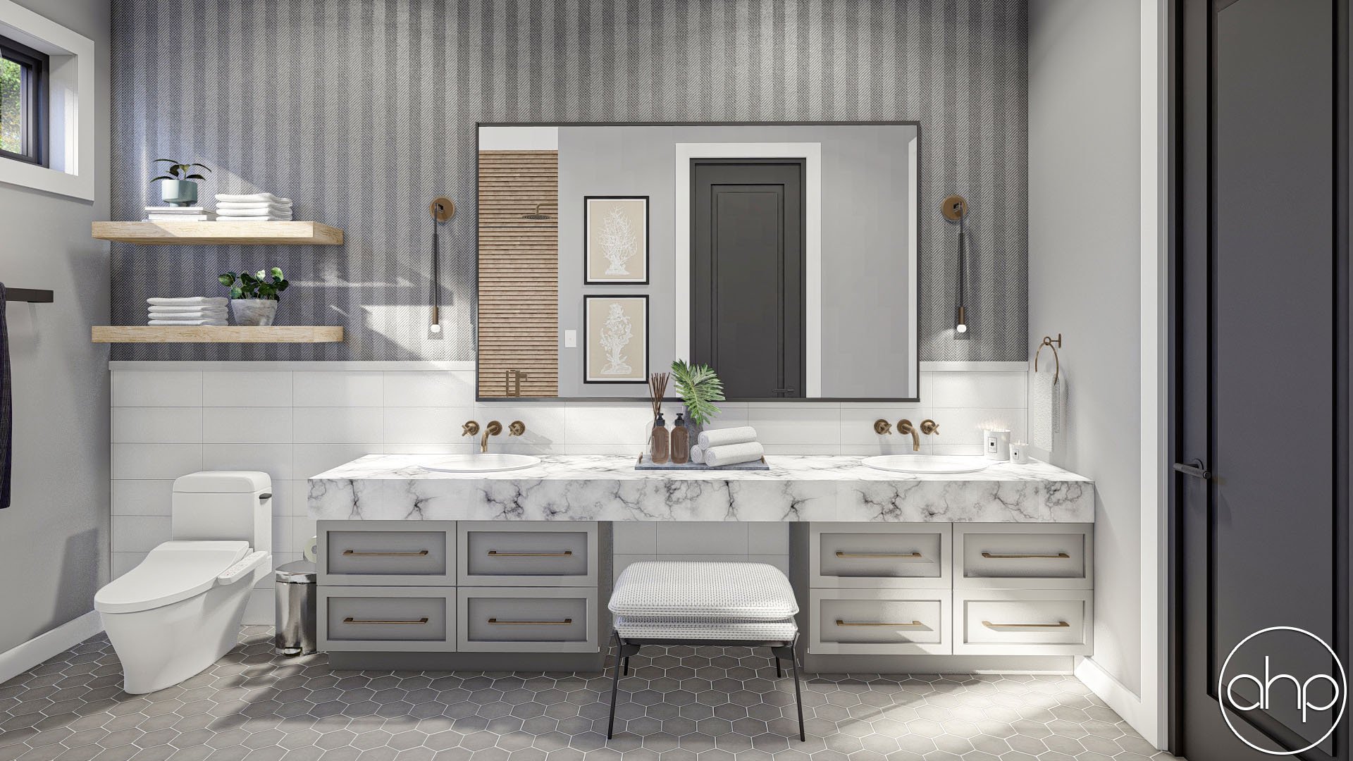 Modern bathroom with double vanity, marble countertop, large mirror, and gray hexagonal tile floor.