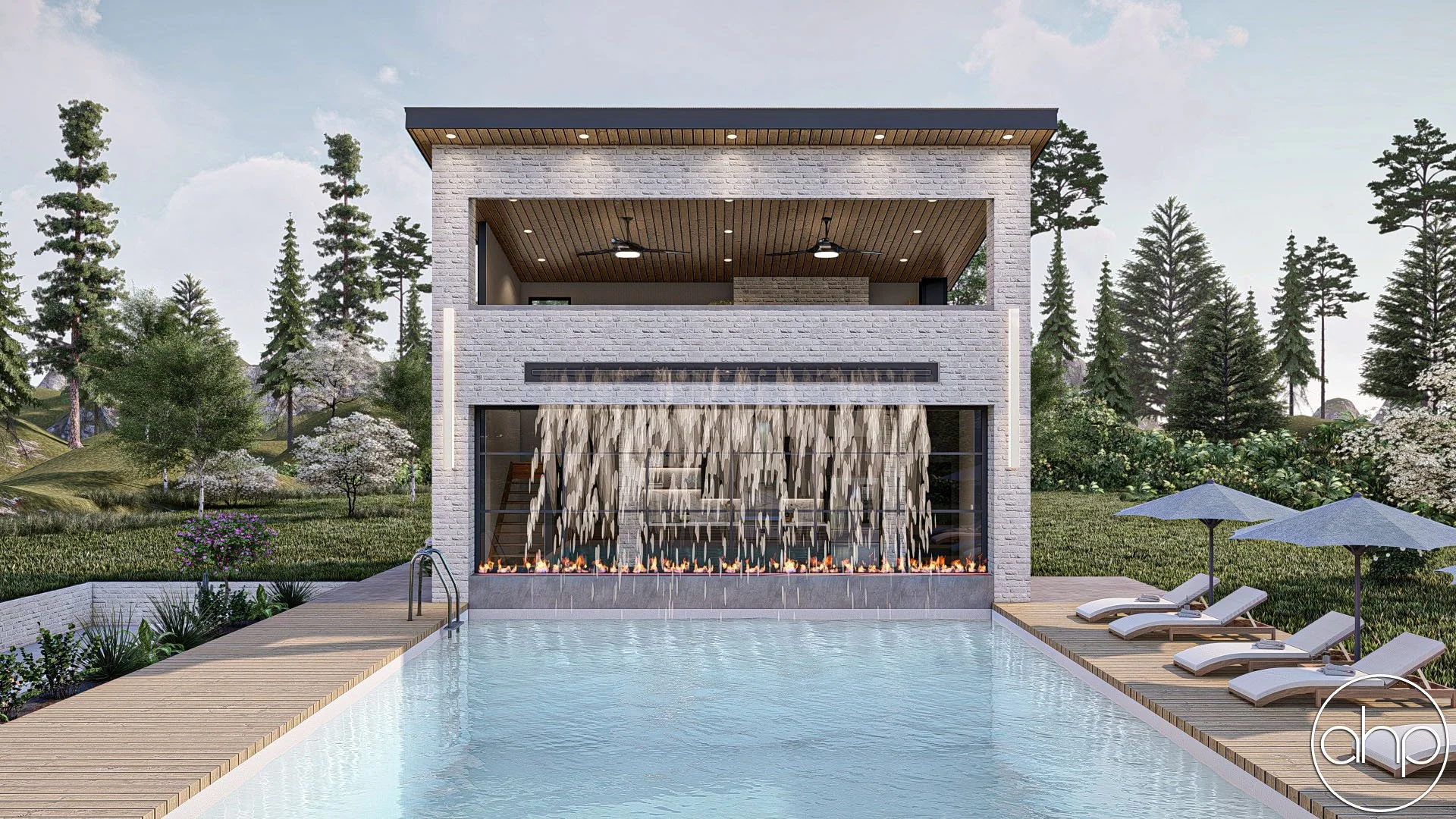 Modern two-story house with a large outdoor swimming pool, water fountain feature, surrounded by lounge chairs and umbrellas, with a scenic forest background.