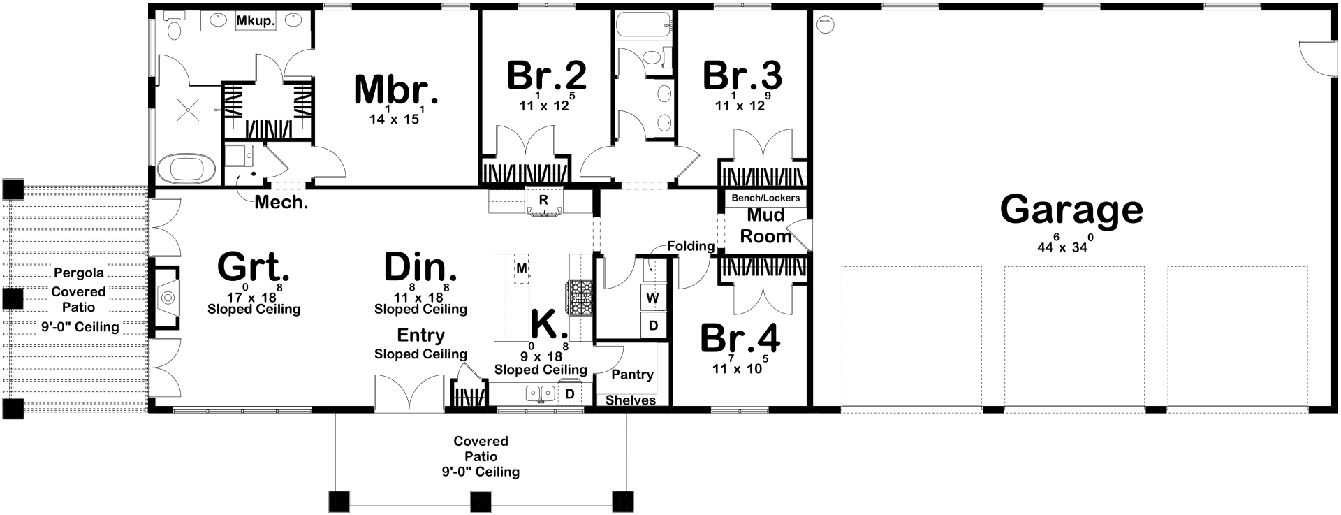 Floor plan of a house with four bedrooms, a garage, a dining area, a kitchen, a great room, and outdoor patios, showing room dimensions and labels.