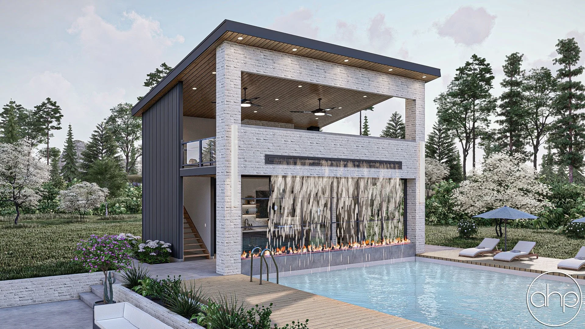 Modern two-story house with a pool, waterfall feature, outdoor seating with umbrellas, surrounded by trees and flowering plants.