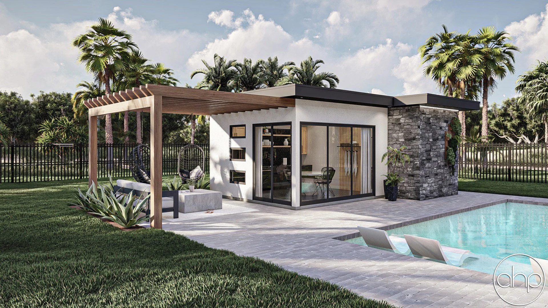 Modern backyard with a small pool, patio furniture, and a small building with large glass doors and a stone accent wall, surrounded by lush palm trees and a black fence.