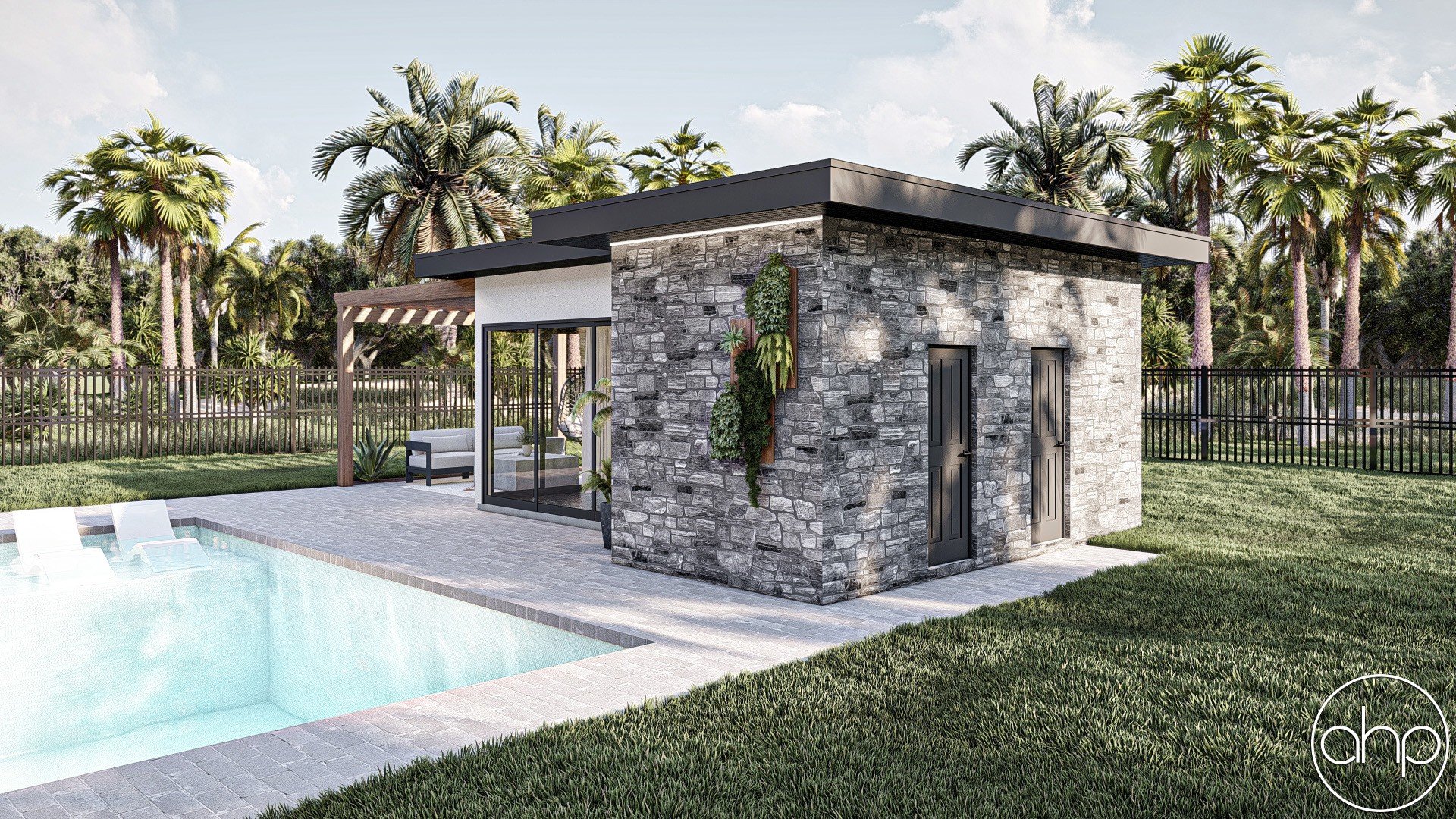Modern pool house with stone walls, sliding glass door, and dual doors, surrounded by a yard with green grass, tropical trees, and a backyard pool.