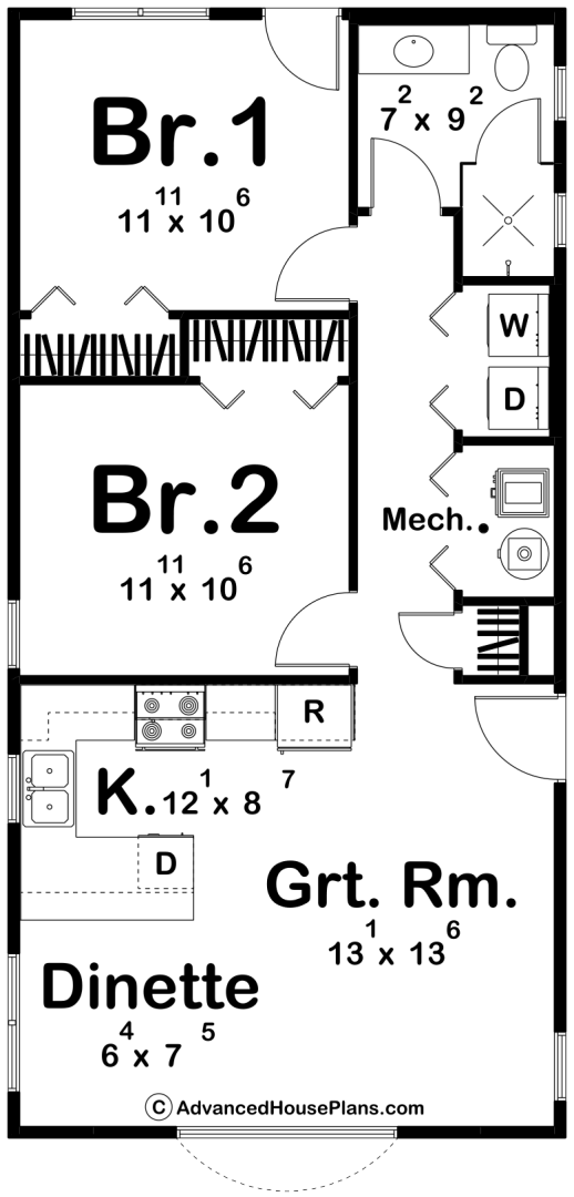 Floor plan of a house with two bedrooms, a kitchen, a living room, a dining area, a bathroom, and utility areas. Bedrooms labeled Br.1 and Br.2, kitchen marked as K., major rooms include Great Room and Dinette, with closets, laundry, and mechanical room included.