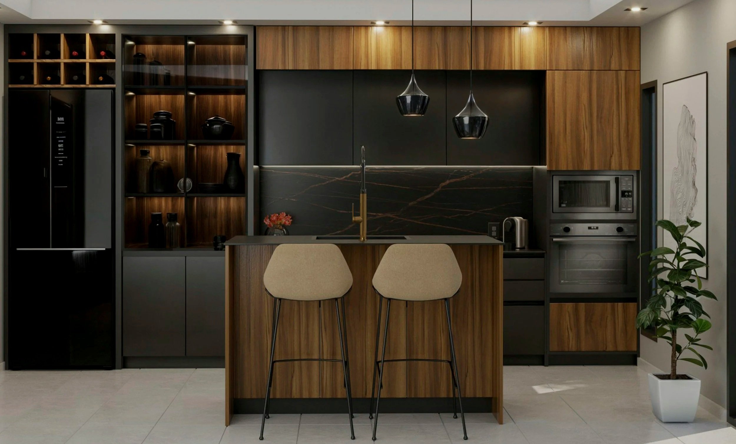 Modern kitchen with black and wood cabinetry, a black marble backsplash with gold veins, a small kitchen island with beige chairs, pendant lights, a microwave oven, a potted plant, and decorative black vases.