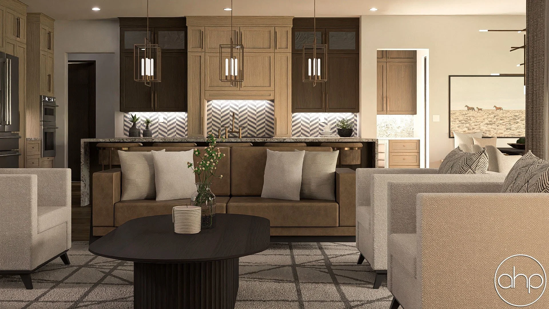 Living room with beige and brown furniture, a dark wood coffee table, a patterned area rug, and a modern open-concept kitchen with pendant lighting and a chevron backsplash in the background.