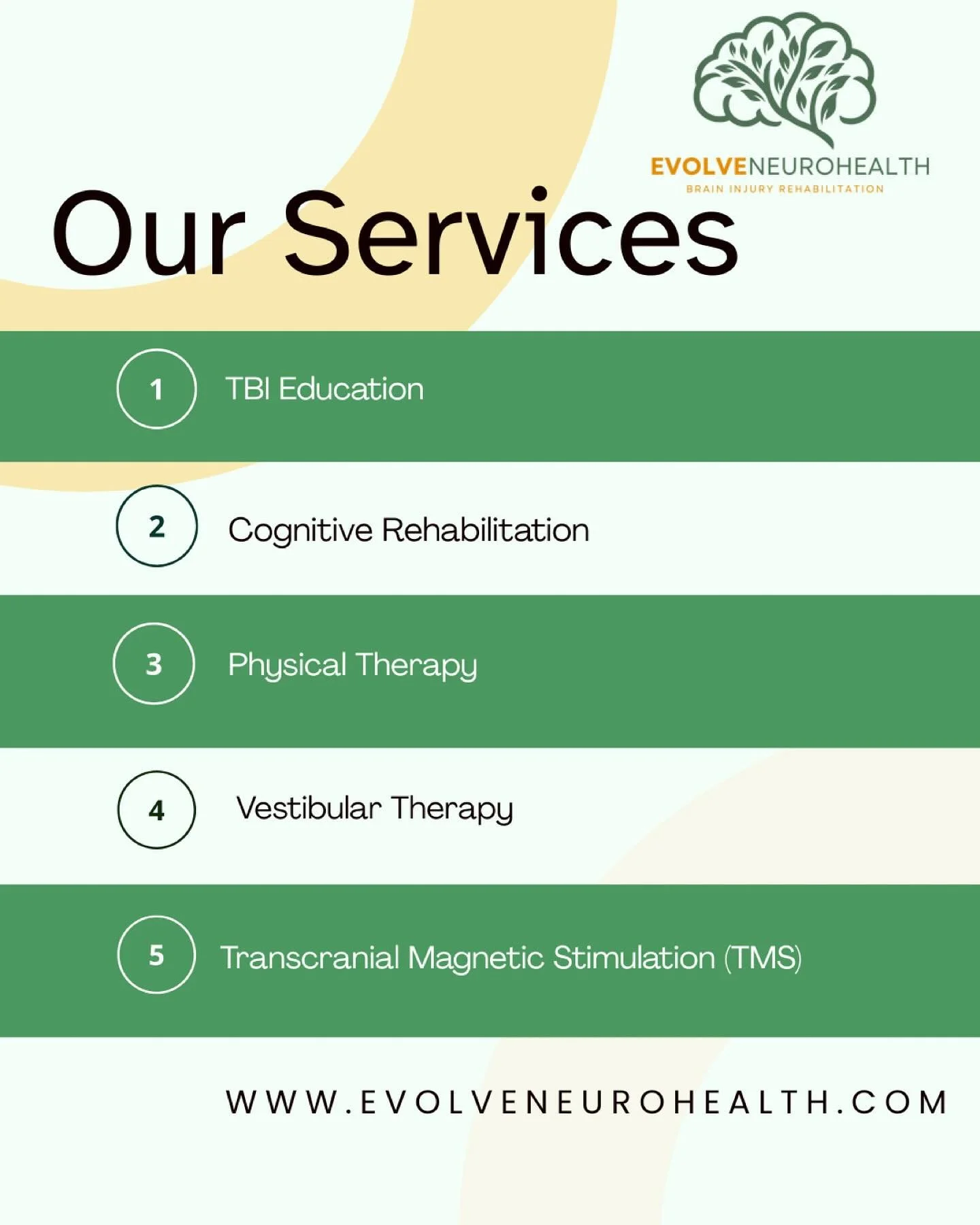 At Evolve NeuroHealth, we offer a variety of services aimed at brain injury rehabilitation. 

Our Brain Injury Rehabilitation Program offers:
📖TBI Education: We provide guidance and resources on adjusting to life changes after an injury. 
🚨Cognitiv